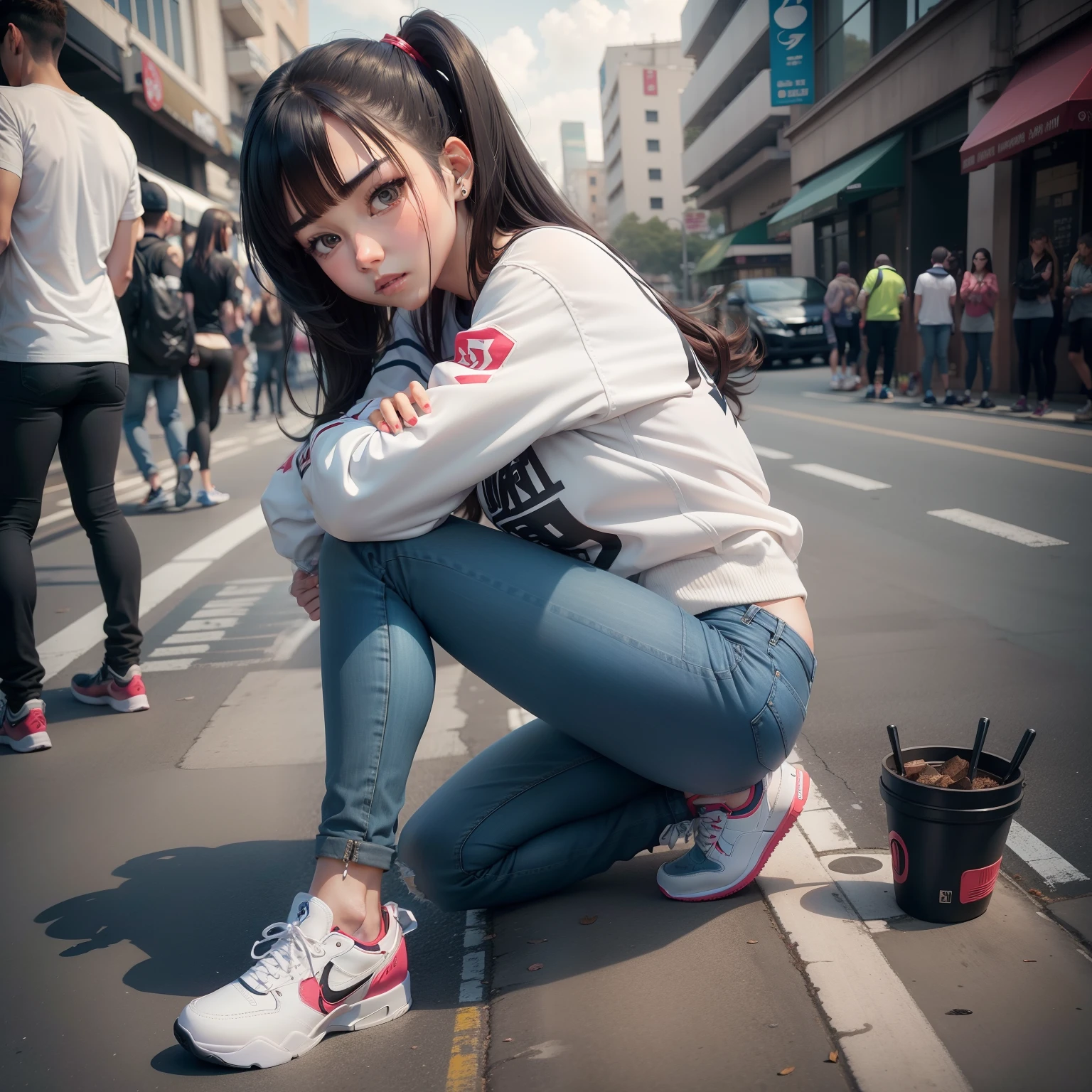 anime beautiful girl, wearing causal clothing, like jeans and air jordan shoes, with kawaski sports bike, on streets, attractive body looks
