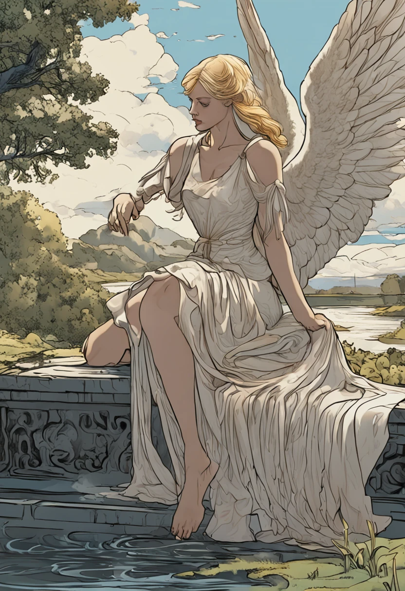 Pegasus standing looking at a bridge where a blond maiden sits with her head down on her knees in sorrow
