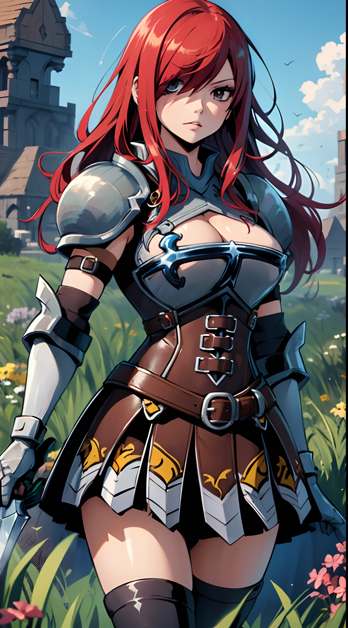 masterpiece, best quality, highres, fairy tail, 1girl, long hair, red hair, brown eyes, armor, shoulder armor, gauntlets, breastplate, armored dress, belt, pleated skirt, blue skirt, hair over one eye, field, grass, standing, cowboy shot, holding weapon, sword, cleavage