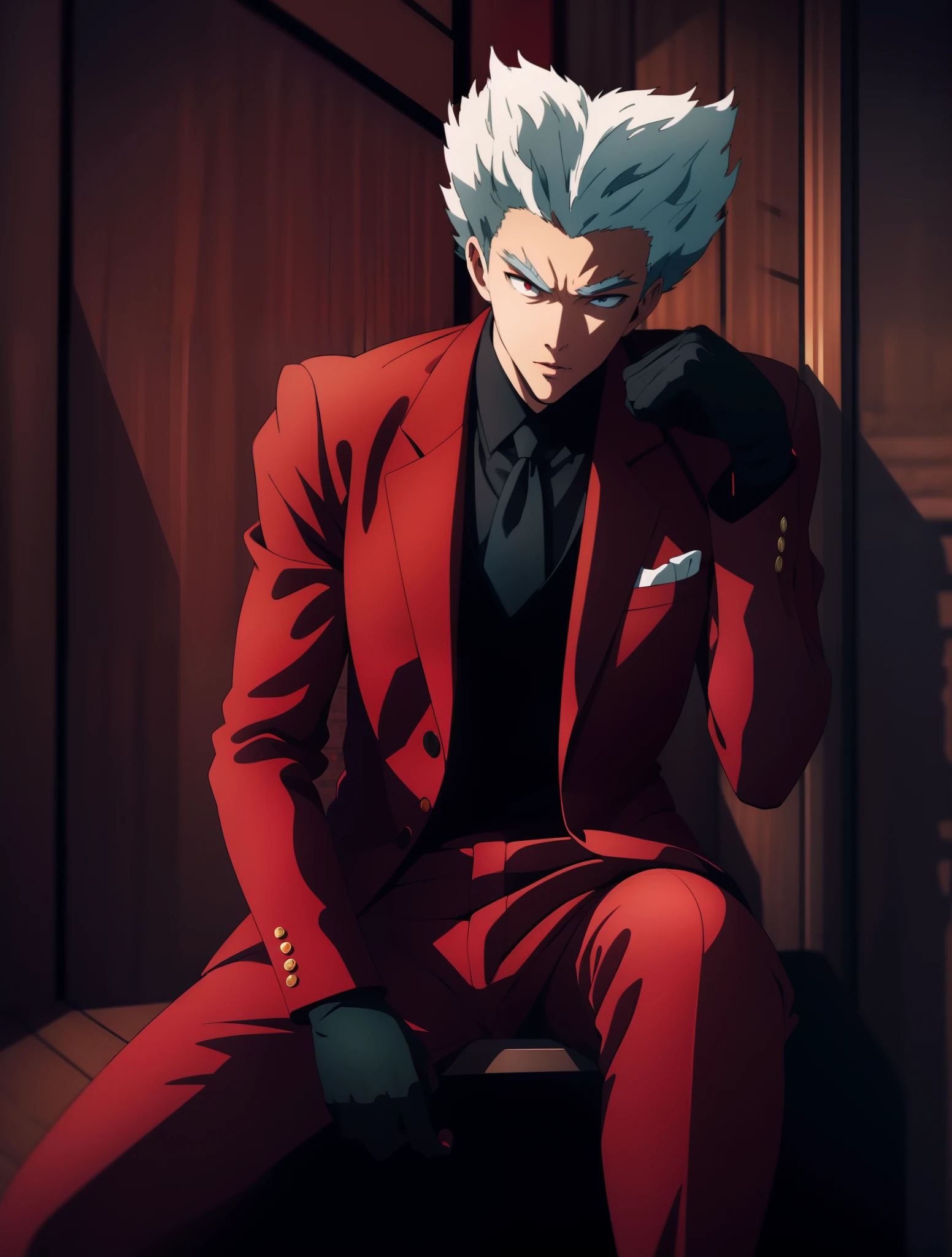 Boy, cool pose, elegan pose, red jazz clothes, realistic pose, white hair colors, looking forward, black gloves on hand, sit down pose, realistic, wearing a red tie, black eyeball colors