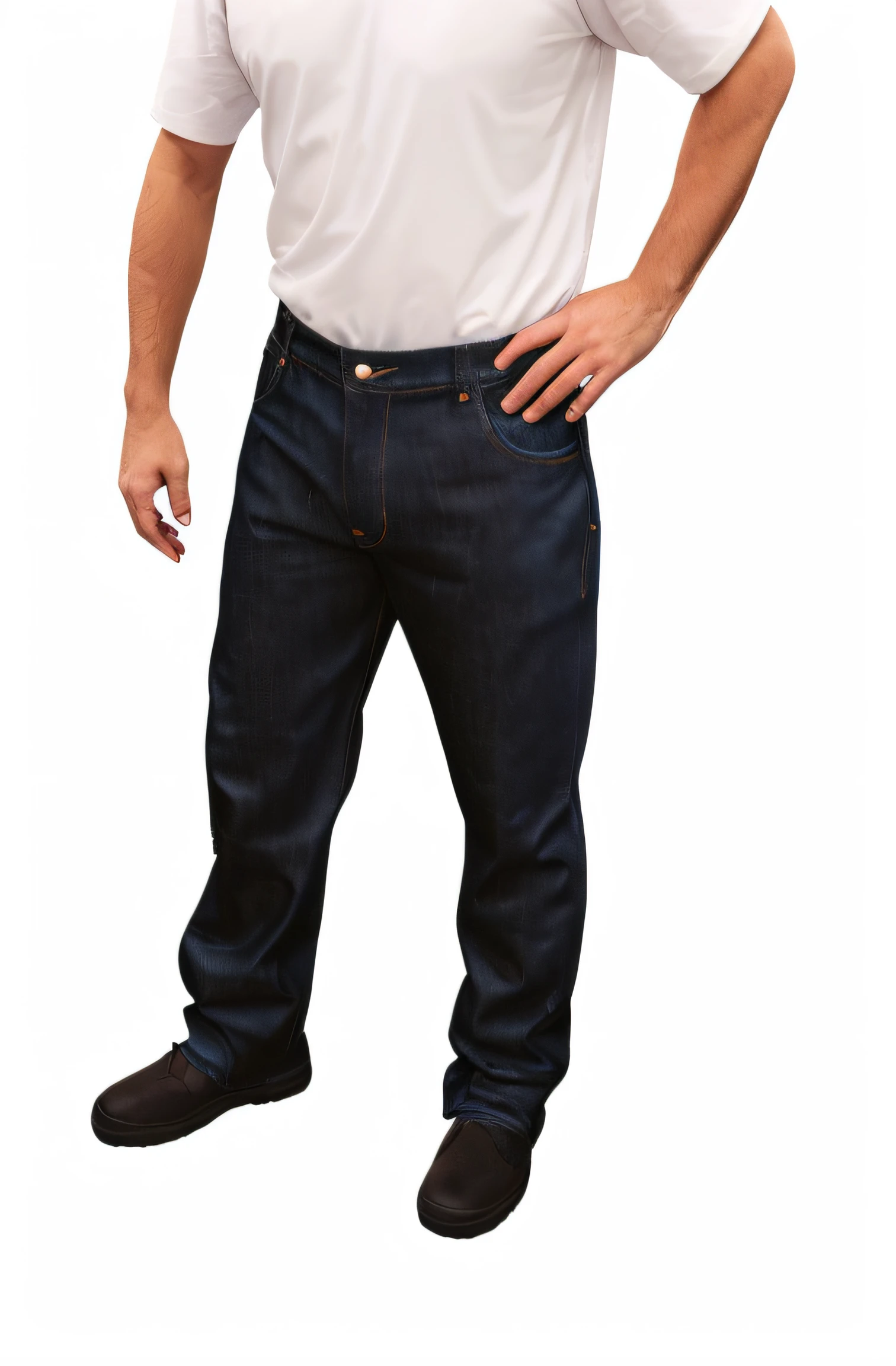 arafed man in white shirt and jeans standing with his hands on his hips, Denim Jeans Pants, Jean, jeans pants, large pants, full-length view, Denim, 3/4 view, 3 / 4 view, baggy jeans, Pants, ( ( ( wearing jeans ) ) ), (38 anos), Jeans Jeans, zirconium pants