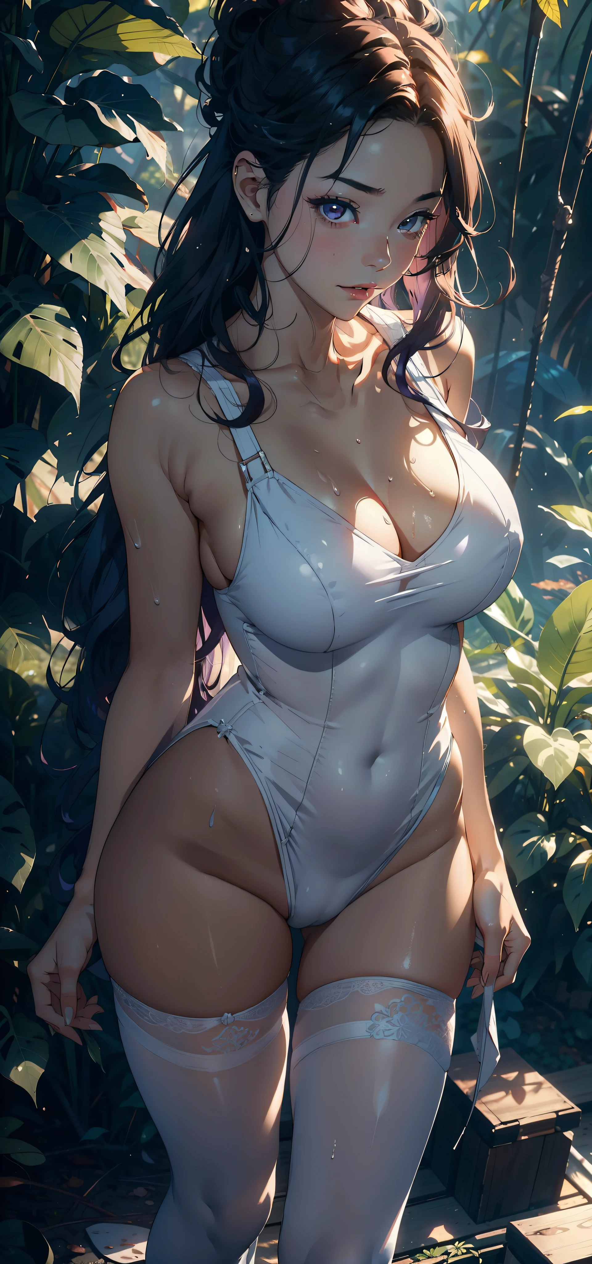 1female,25 age old,Large breasts,long leges,Big breasts Thin waist,Pornographic exposure, 独奏,(Background with:ln the forest,the rainforest,in summer) She has long purple hair,standing on your feet,Sweat profusely,drenched all over the body,seen from the front, curlies, mostly cloudy sky,(((tmasterpiece),(Very detailed CG unity 8K wallpaper),best qualtiy,cinmatic lighting,detailed back ground,beatiful detailed eyes,Bright pupils,(Very fine and beautiful),(Beautiful and detailed eye description),ultra - detailed,tmasterpiece,)),facing at camera,A high resolution,ultra - detailed),revealing breasts,Bare genitalia, Bulge,Camel toes,Raised sexy,Flushed complexion,Open-mouthed,frontage,Japanese high school girl(Wearing:Ballet costume,Pantyhose)nakeness,high-heels