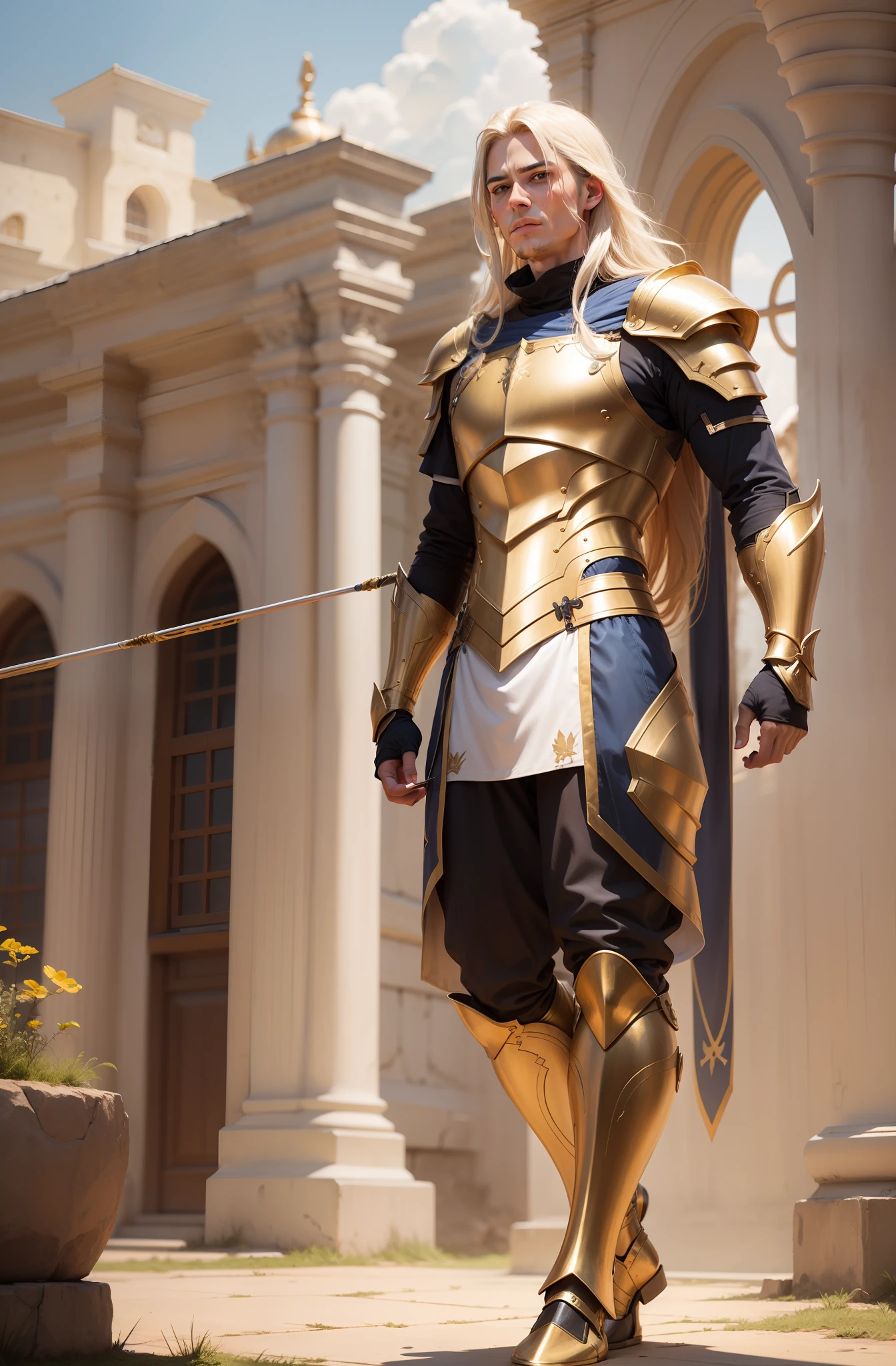 Man Fantasy Action Armor Golden Hair Full Body White Blue Rays Action Background Add Golden Armor Improve adcopma archery on the back