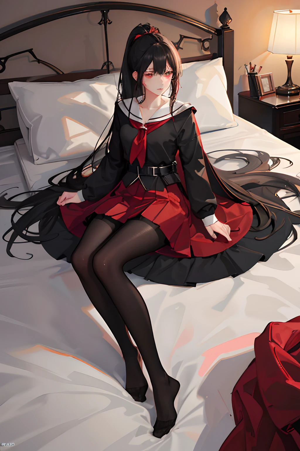 (((1 girl)),ray tracing,(dim lighting),[detailed background (bedroom)),((black hair)),((black hair)),(black hair, busty and slender girl)) with ponytail)))) Avoid red eyes in the ominous bedroom (((girl wearing a red skirt with black silk pantyhose) and red and black color scheme black and red color scheme), showing a delicate and slender body and graceful curves, correct limbs, lying on the bed, sexual tension, Flushed face)) physiological tears
