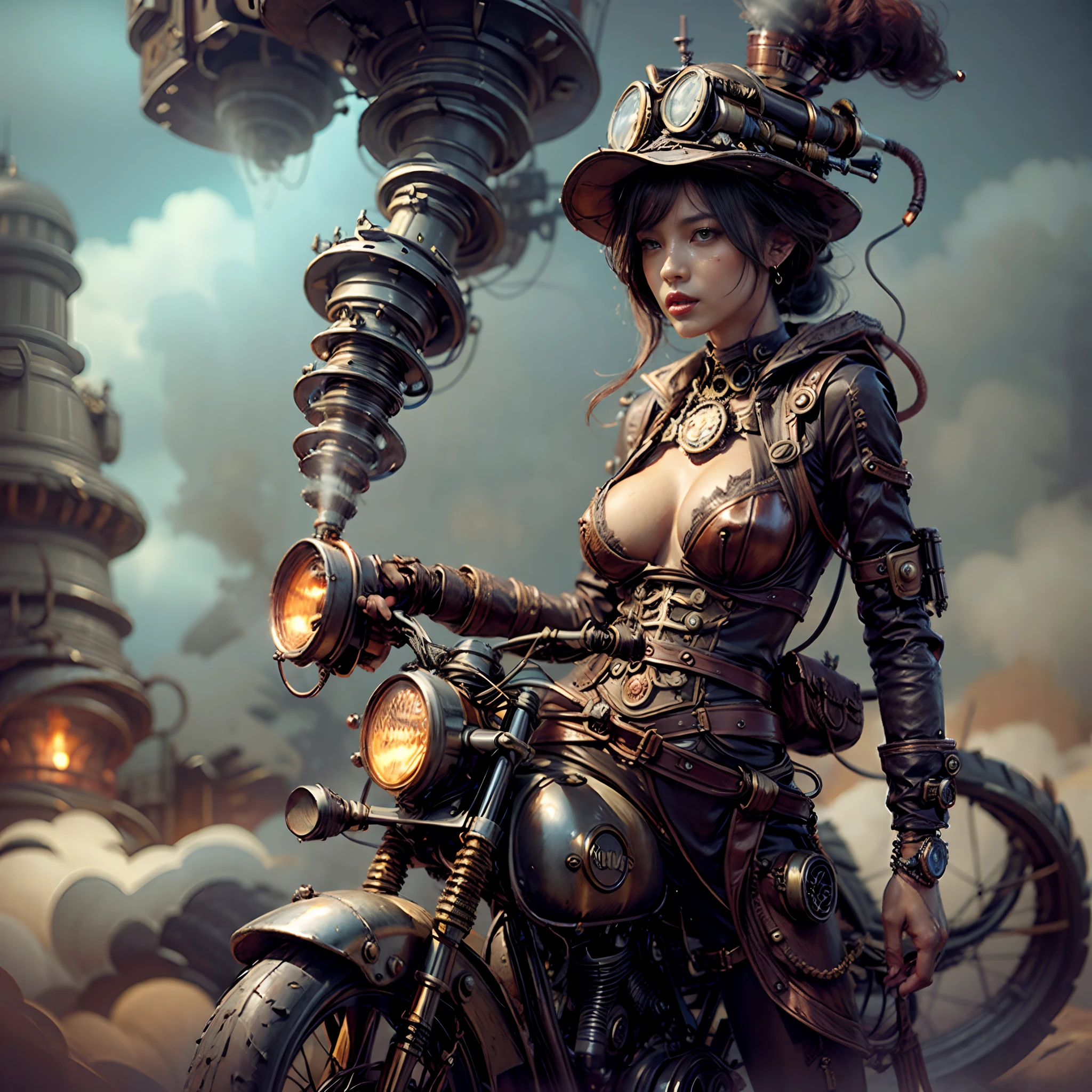 There's a sexzy african woman with a steam-powered dusky skin, with big boobs,Royal look,helmet, arte conceitual steampunk, sexzy full body view, riding bike,Wojtek FUS, arte digital steampunk, detailed wild steampunk illustration, Portrait of a gold and copper mechanical woman, arte steampunk, estilo de arte dieselpunk, cyberpunk steampunk, estilo de fantasia steampunk, Arte digital altamente detalhada em 4k, sci-fi steampunk