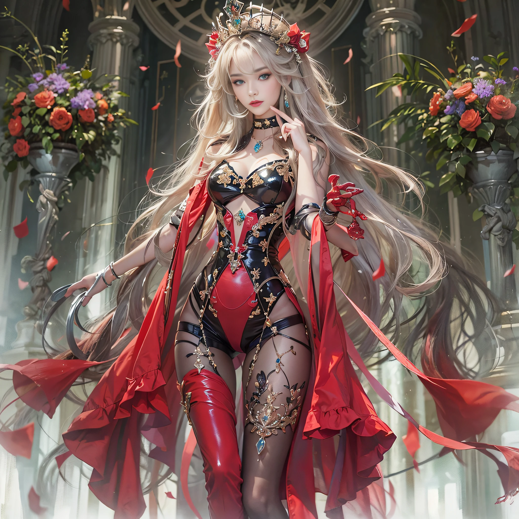 ((masterpiece:1.4)、(top-quality:1.4)、(reallistic:1.7))、Beautiful girl strolling in the garden of fantastic ancient city、Sexy Daughter、Super beautiful girl、1girl in:1.4、Dress like a queen、Glossy luxury latex、Luxury Latex Bodysuit、By Luis Royo、age19、Super Ultra Ultra Bikini、Outstanding style、(Two legs are drawn correctly:1.7)、(Two arms:1.4)、anatomical correct、Slender Abs、(beauty legs:1.4)、beautiful countenance、kawaii faces、Beautiful ass、A detailed eye、beautidful eyes、Raw photo、red-lips、Red high heels、a choker、a necklace、耳Nipple Ring、Fantasy of an ancient city、Fantasy worldview