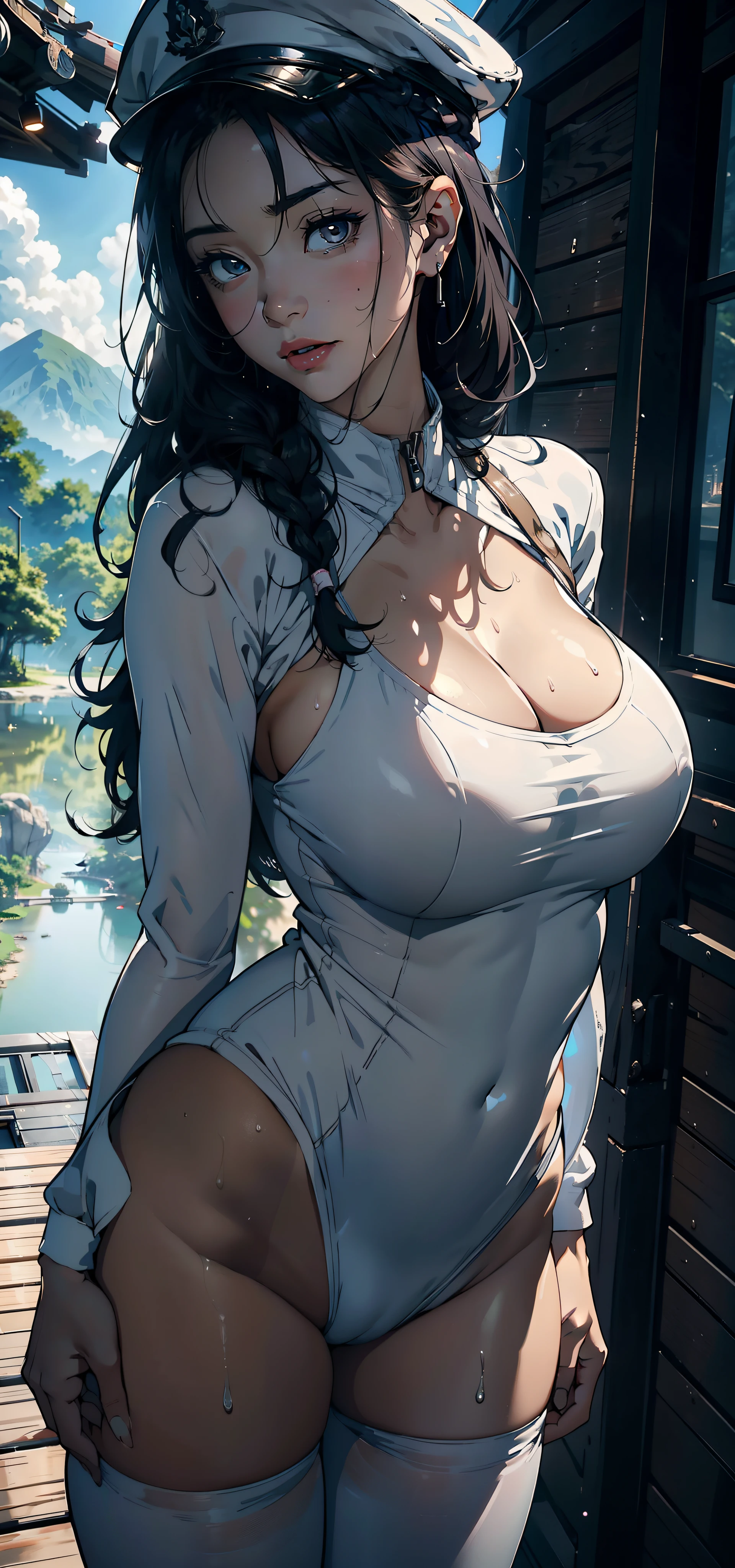 1female,35yo,huge-breasted,long leges,Pornographic exposure, 独奏,(Background with:hilltop,the rainforest,in summer,Standing water on the ground,exteriors) Feel free to hairstyle,Stride,Sweat profusely,drenched all over the body,seen from the front,Long black hair , mostly cloudy sky,(((tmasterpiece),(Very detailed CG unity 8K wallpaper),best qualtiy,cinmatic lighting,detailed back ground,beatiful detailed eyes,Bright pupils,(Very fine and beautiful),(Beautiful and detailed eye description),ultra - detailed,tmasterpiece,)),face to the viewer,frontage,A high resolution,ultra - detailed)nakeness,Wipe off panties,revealing breasts,Bare genitalia, Bulge,Camel toes,Raised sexy,Lewd expression,Flushed complexion,Open-mouthed,frontage,military hat,(Wearing:White ski suit,Black pantyhose)