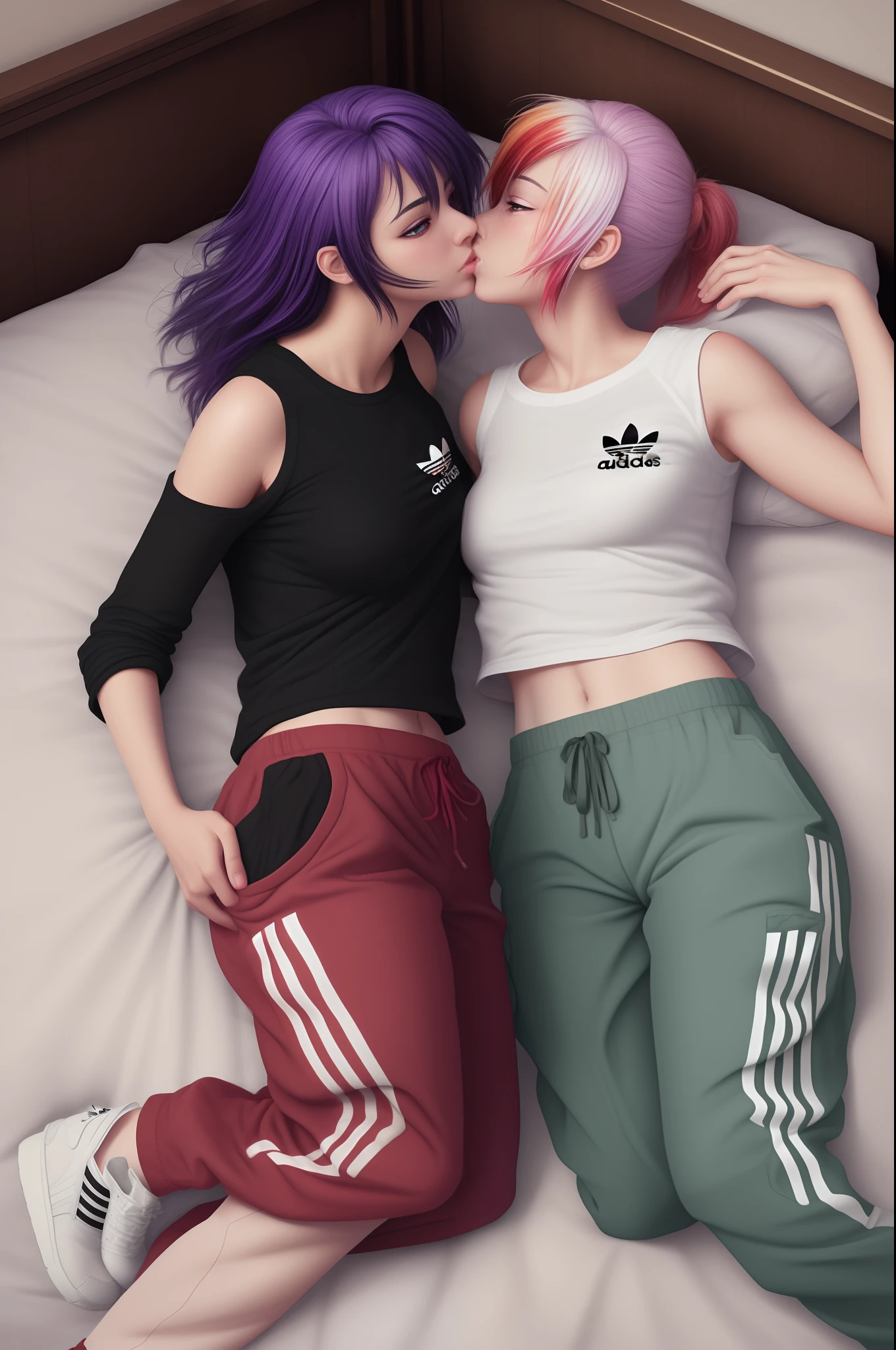 Two women lying in bed and kissing, wearing Adidas baggy pants, multicolored hair, multicolored eyes, extremely detailed, wide shot, Perfect artwork, retina, accurate, anatomically correct, textured skin, full body, Kissing, Lesbian art , anime style