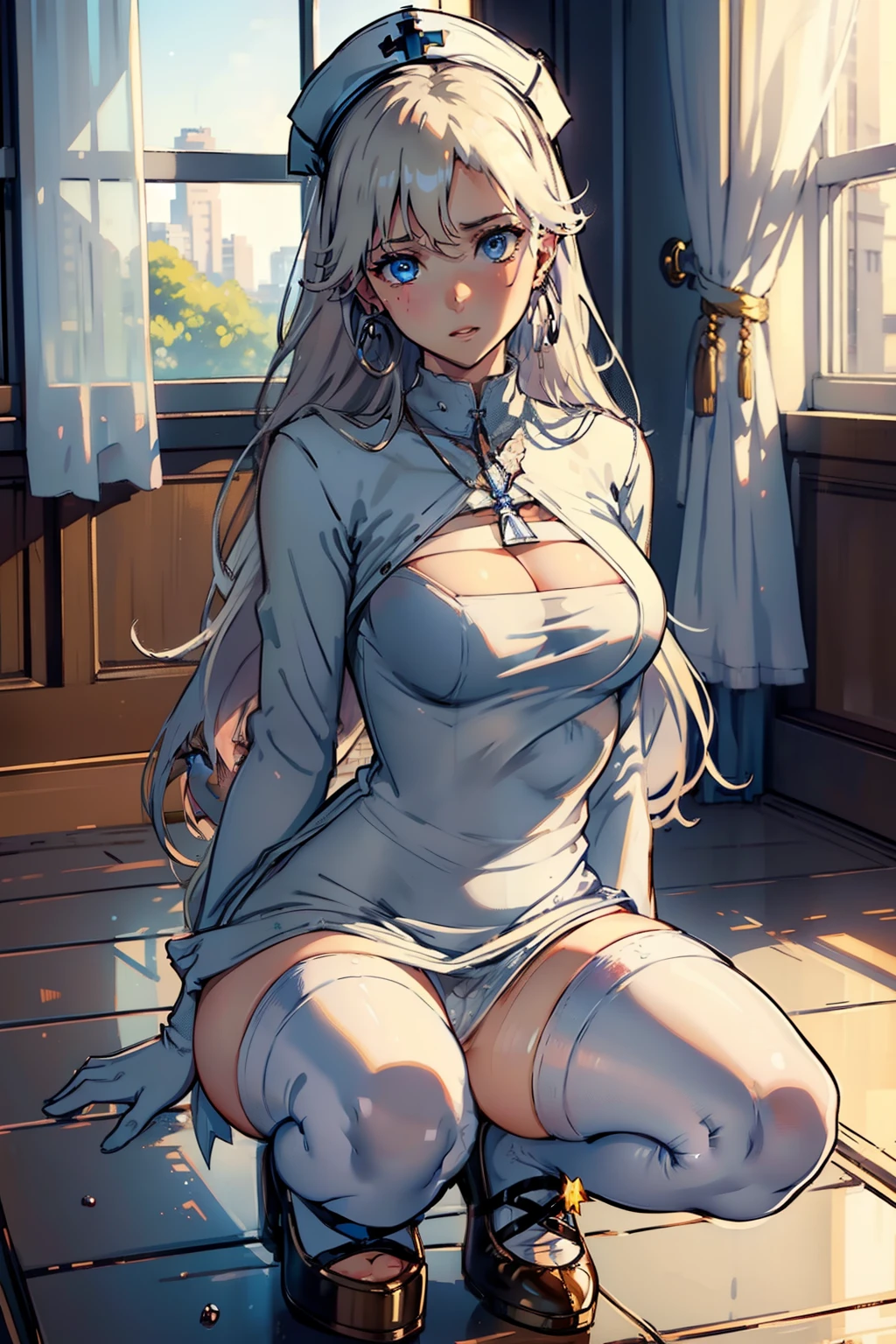 1girl, (solo:1.2), (cowboy shot:1.2), (Beautiful and detailed eyes description), (Beautiful and detailed face), Perfect female body, neat figure, slender waist, (young girl), (20 years old), long hair, platinum blonde hair, very big eyes, blue eyes, medium breasts, blush, shy, watery lips, nurse, (transparent nurse dress), nurse cap, unbuttoned, (white gloves:1.2), (white pantyhose), high heels, necklace, earrings, indoors, school nurse, hospital bed, window, white curtains, sunlight, squatting, (best quality), (ultra detailed), (masterpiece), (highres), (original), (extremely detailed CG unity 8K wallpaper), character design, game cg, detailed manga illustration，(NSFW 1.1)