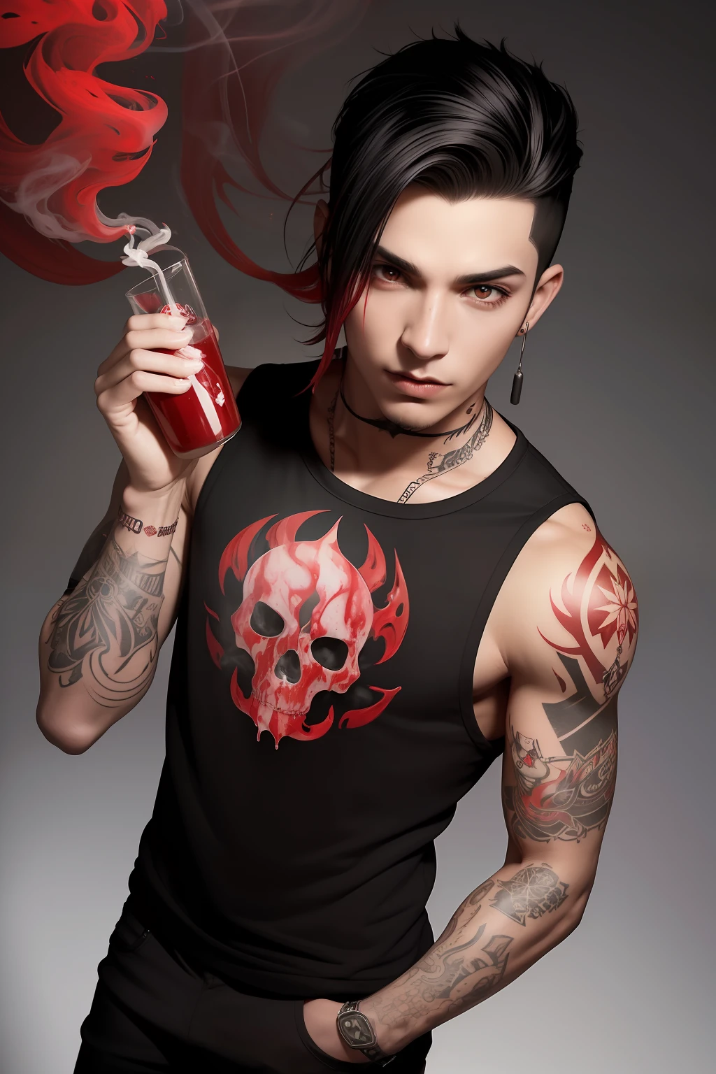 Realistic image of a non-binary person, (Sexo fluido), pele clara, ocidental, cabelo liso solto de lado, (medium black hair((raspado na lateral))), olhos pretos, camiseta de banda grande, black military pants, All Star Preto, tattoos symbols, tatuagem no rosto, friendly expression, symmetrical tattoo on face, piercings, holding a skull in his hand, magia (vermelho e vinho), fundo mar vermelho, dynamic lighting, ((casting red viscous liquid)) of the hands, water, liquido emocional, Radiant power, carne, red liquid, carnificina, magia, poder, epic, campo de batalha (((casting red smoke and red liquid))), fundo rio de sangue (mar vermelho)