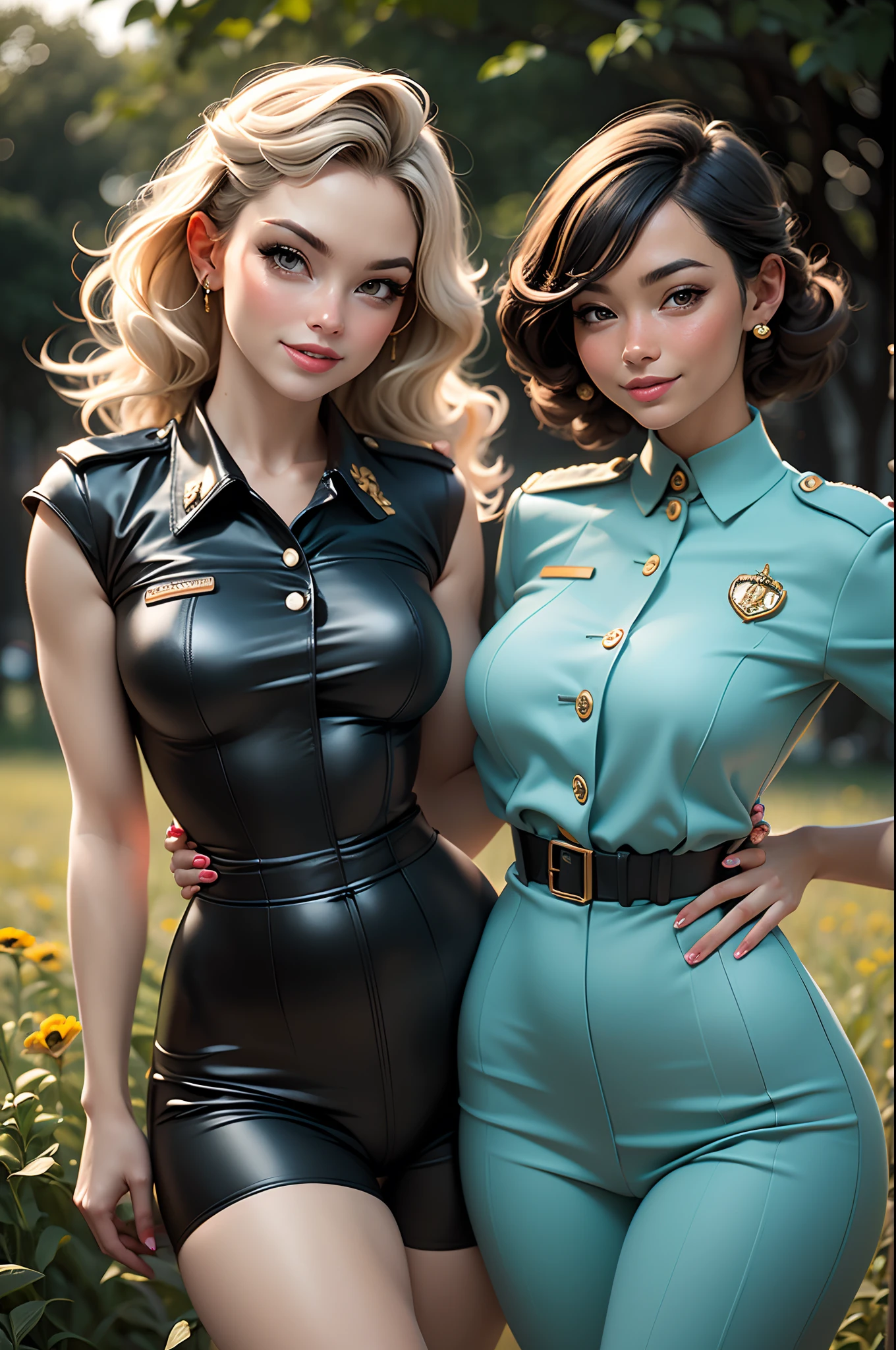 2 women in tight solider uniform in a field, retro pinup model, duckface, fine contours of faces, sweet, free, piercing, dancers, dressed in a beautiful, taxi, american, hollow cheeks, playful, being happy