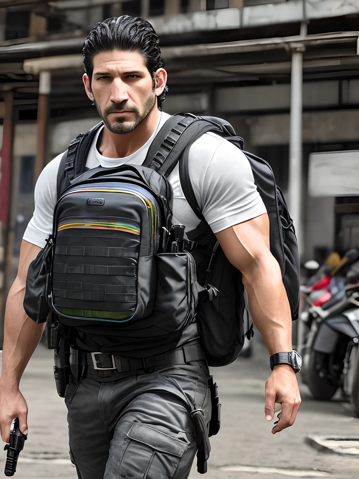 Jon bernthal punisher,homem forte e musculoso, rua com raiva, mochila, epic realistic, foto, desbotado, coisas complexas ao redor, fundo intrincado, encharcado, cores neutras, ((((hdr)))), ((((cores suaves)))), cena intrincada, Artistic Station, detalhes intrincados, vinheta