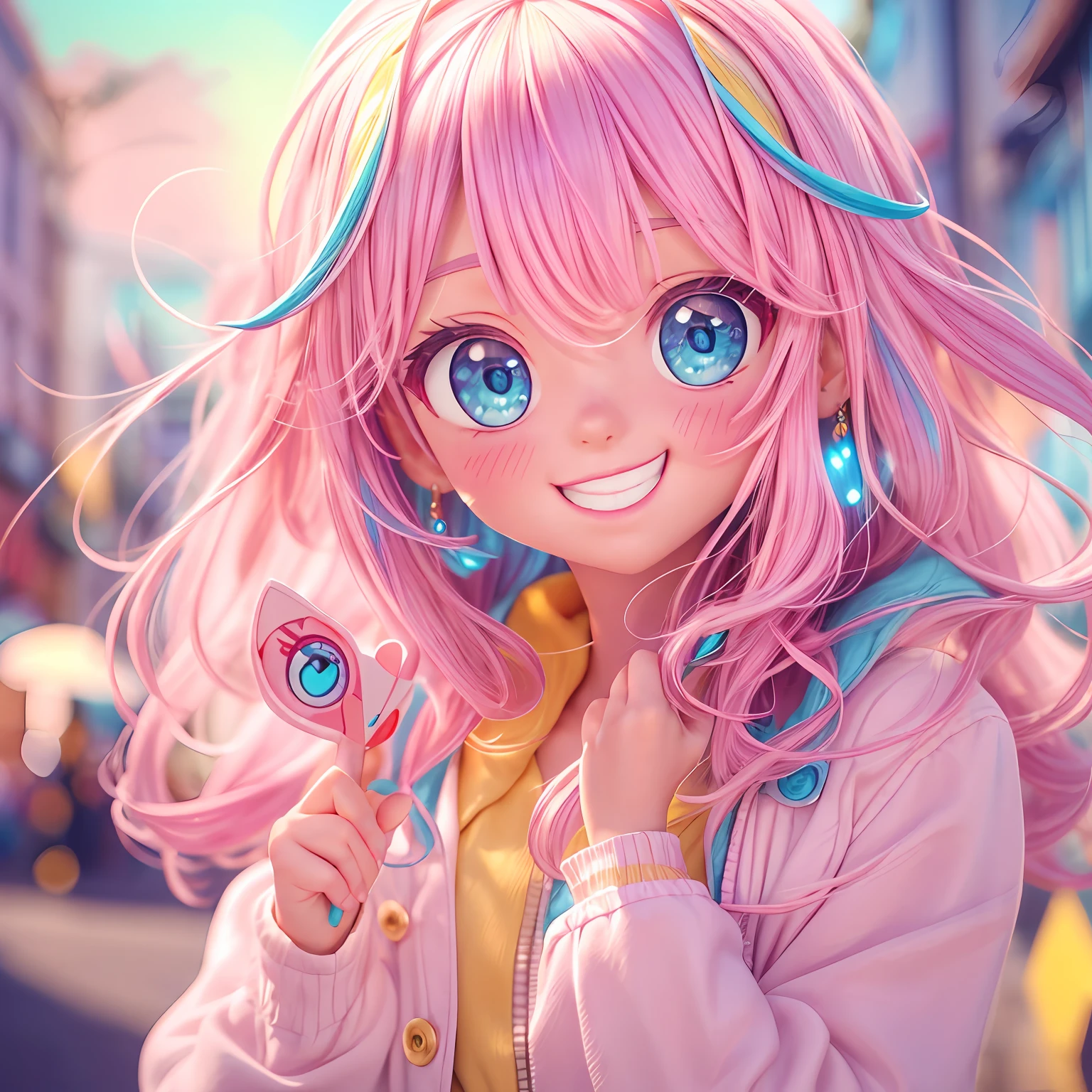 (masterpiece:1.1), (best quality:1.1), (anime screencap:1.1) of (1girl in the street, heart eyes, 😍, blushing, smiling wide, open mouth, pink, yellow, light yellow, azure, big eyes, looking at the viewer, white coat:1), crepuscular rays, (pouty lips, portrait, close up), (crisp:1.1), (ultra detailed), centered, colorful, glowing, (depth of field), finely detailed, (edge detection:1), (120mm), beautiful eyes, (sunlit:1.1), fine art, creative, face, bokeh