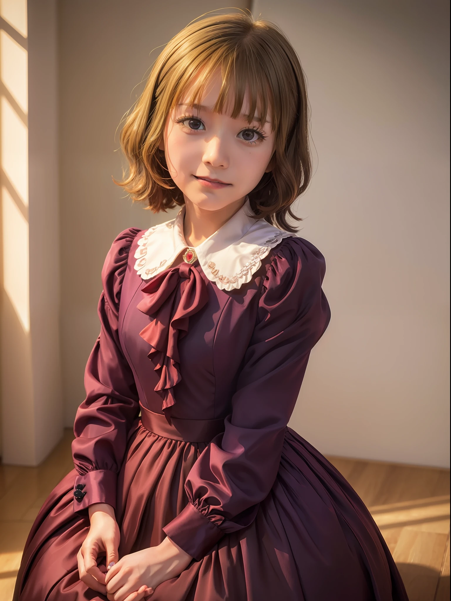 momoko suou (million live), Lori, Petite, , Best Quality, masutepiece, 8K, photographrealistic, Hires, best quality, masterpiece, 8k, neat figure, portrait, looking at viewer, red ascot,puffy long sleeves,collared dress,frilled dress, purple dress,