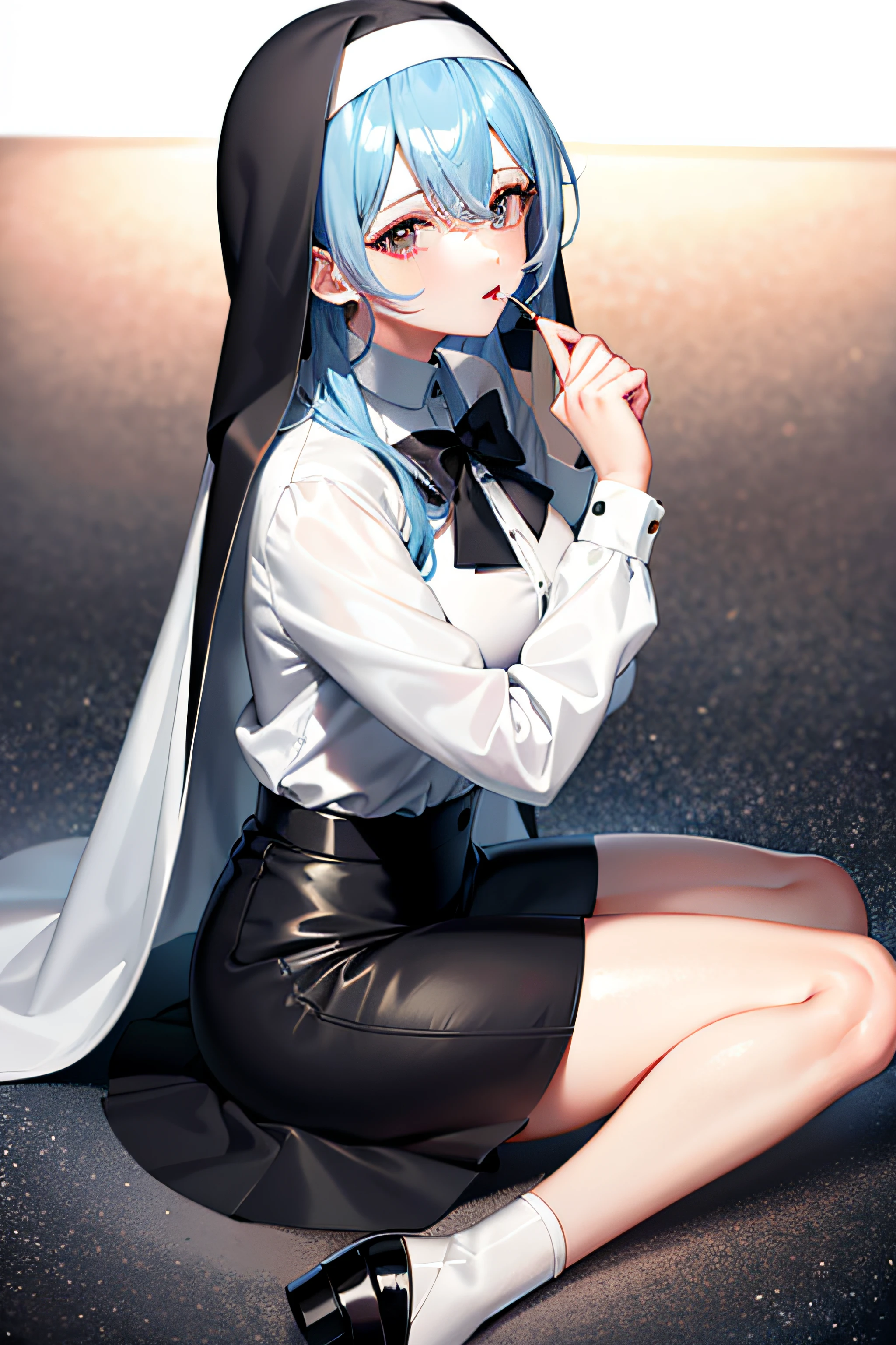 best quality, ultra high res, 1girl, lab coat, white button shirt, black jeans, black skirt, nun, veil, hairpin, blue hair, cute, (Kpop idol), (aegyo sal:0), (blue hair:1), ((puffy eyes)), looking at viewer, full body, facing side, elegant, star, blue sky