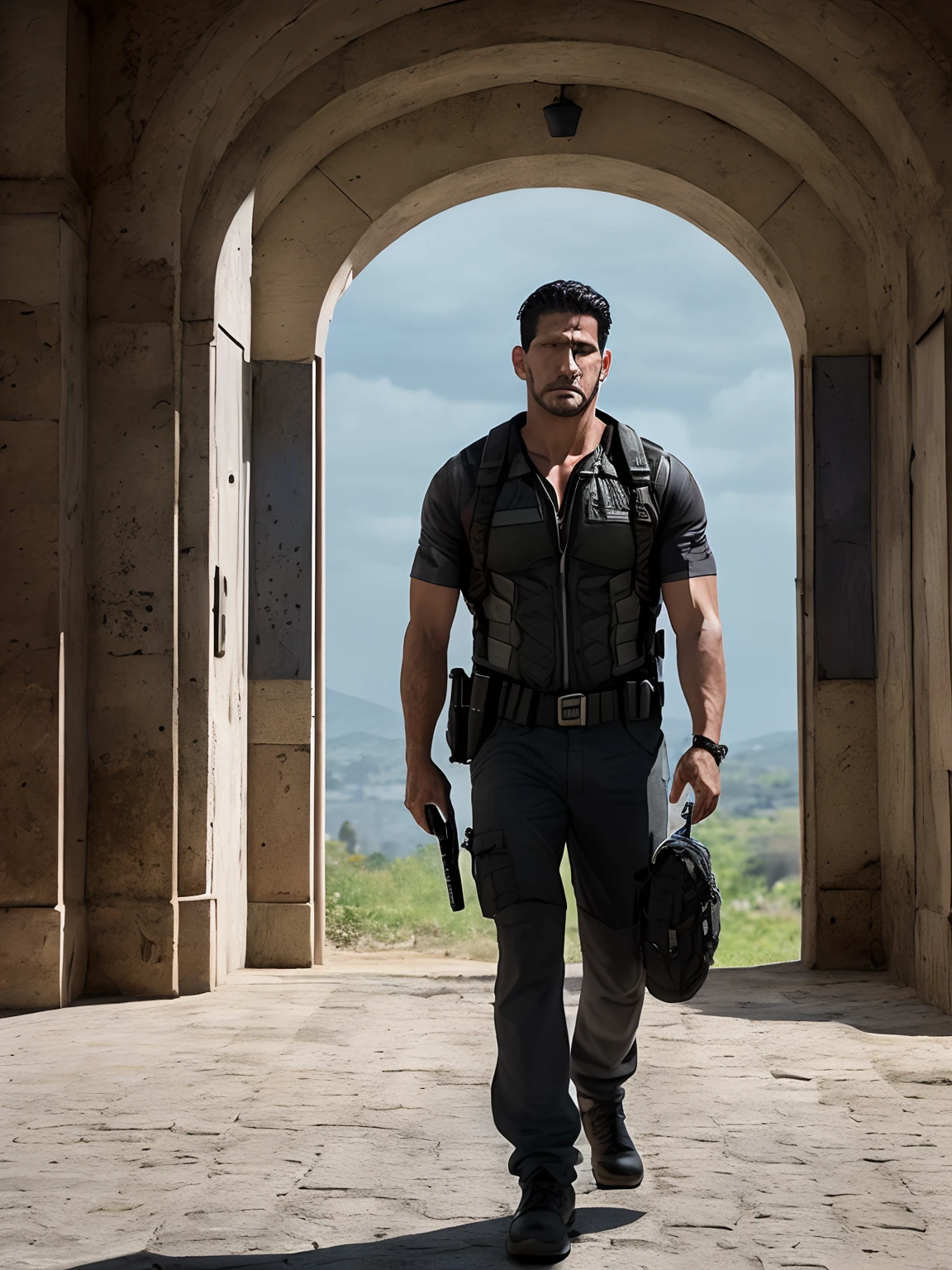 Jon bernthal punisher,homem forte e musculoso, rua com raiva, mochila, epic realistic, foto, desbotado, coisas complexas ao redor, fundo intrincado, encharcado, cores neutras, ((((hdr)))), ((((cores suaves)))), cena intrincada, Artistic Station, detalhes intrincados, vinheta