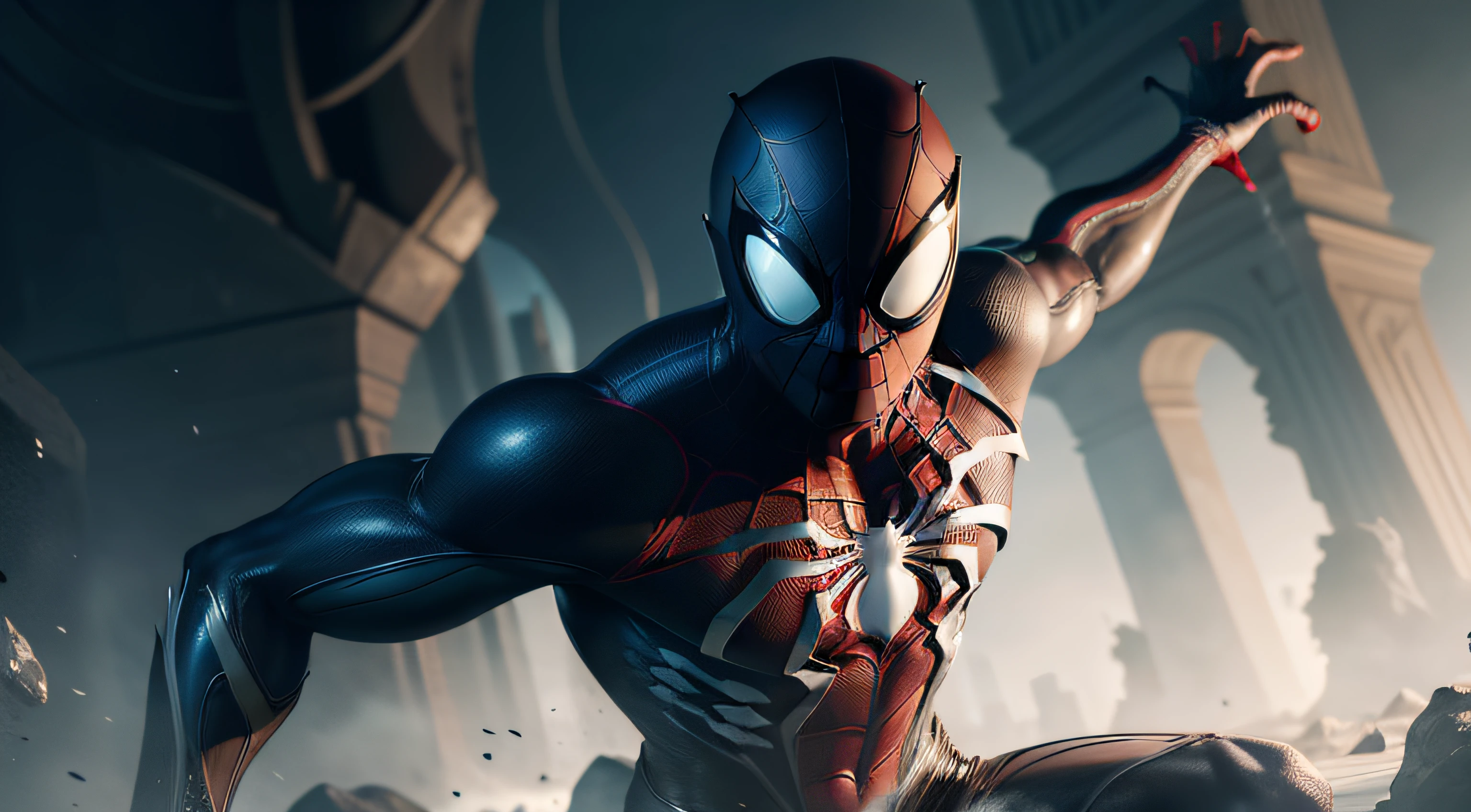 spider man in a black outfit with spider in the center of his chest in white, organic looking outfit, gooey forehead, symbiote, white eyes, fine art, ps5 cinematic screenshot,highly detailed detailed cinematic rendering, ultra photorealistic raytricing, with cinematic lighting