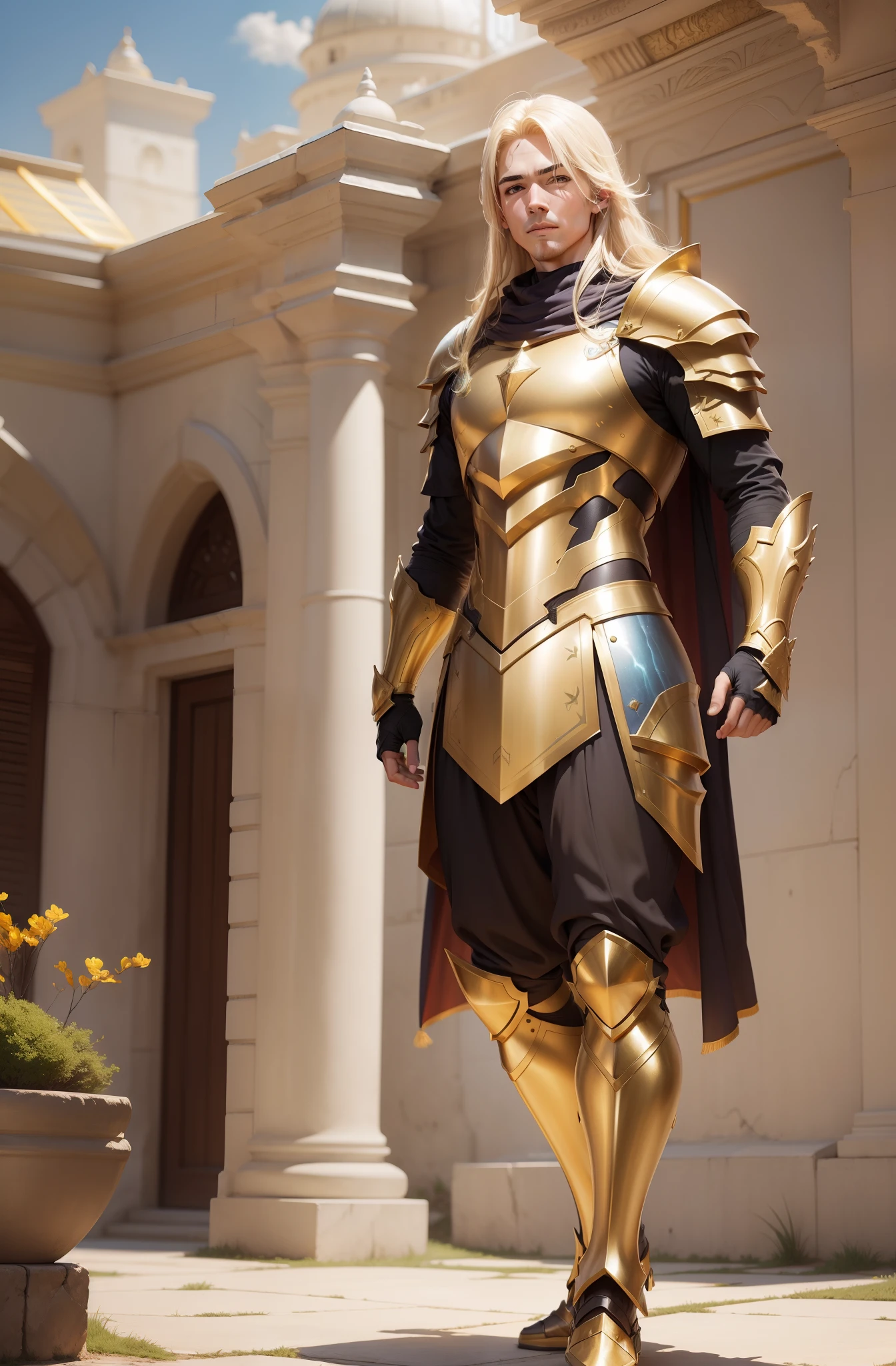 Man Fantasy Action Armor Golden Hair Full Body White Blue Rays Action Background Add Golden Armor Improve