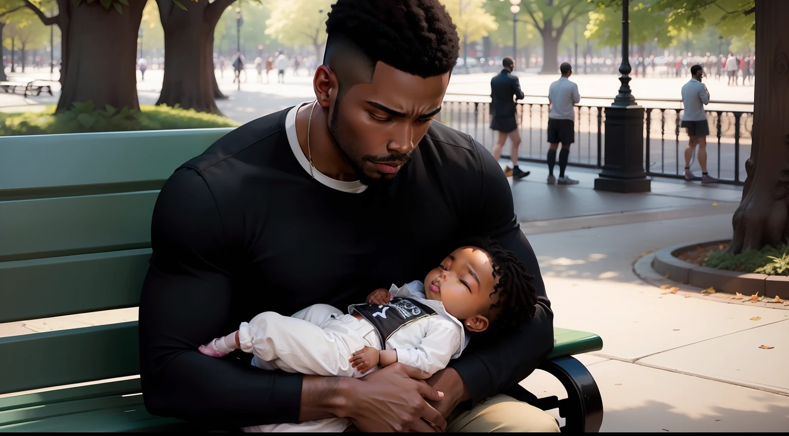 Image of black man and baby sleeping on a bench in Central Park Square