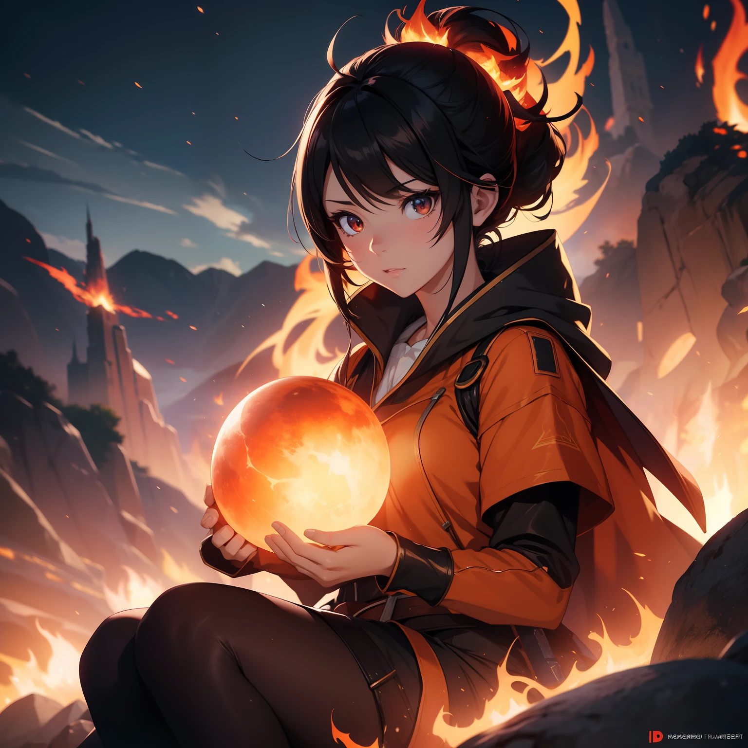 masterpiece, best quality, photorealistic, close-up shot, front view, anime girl sitting on a rock with a glowing ball in her hands, artgerm and atey ghailan, flames surround her, 2. 5 d cgi anime fantasy artwork, in the art style of mohrbacher, the sorceress casting a fireball, artgerm and rossdraws, wreathed in flame, rossdraws global illumination, fire spell