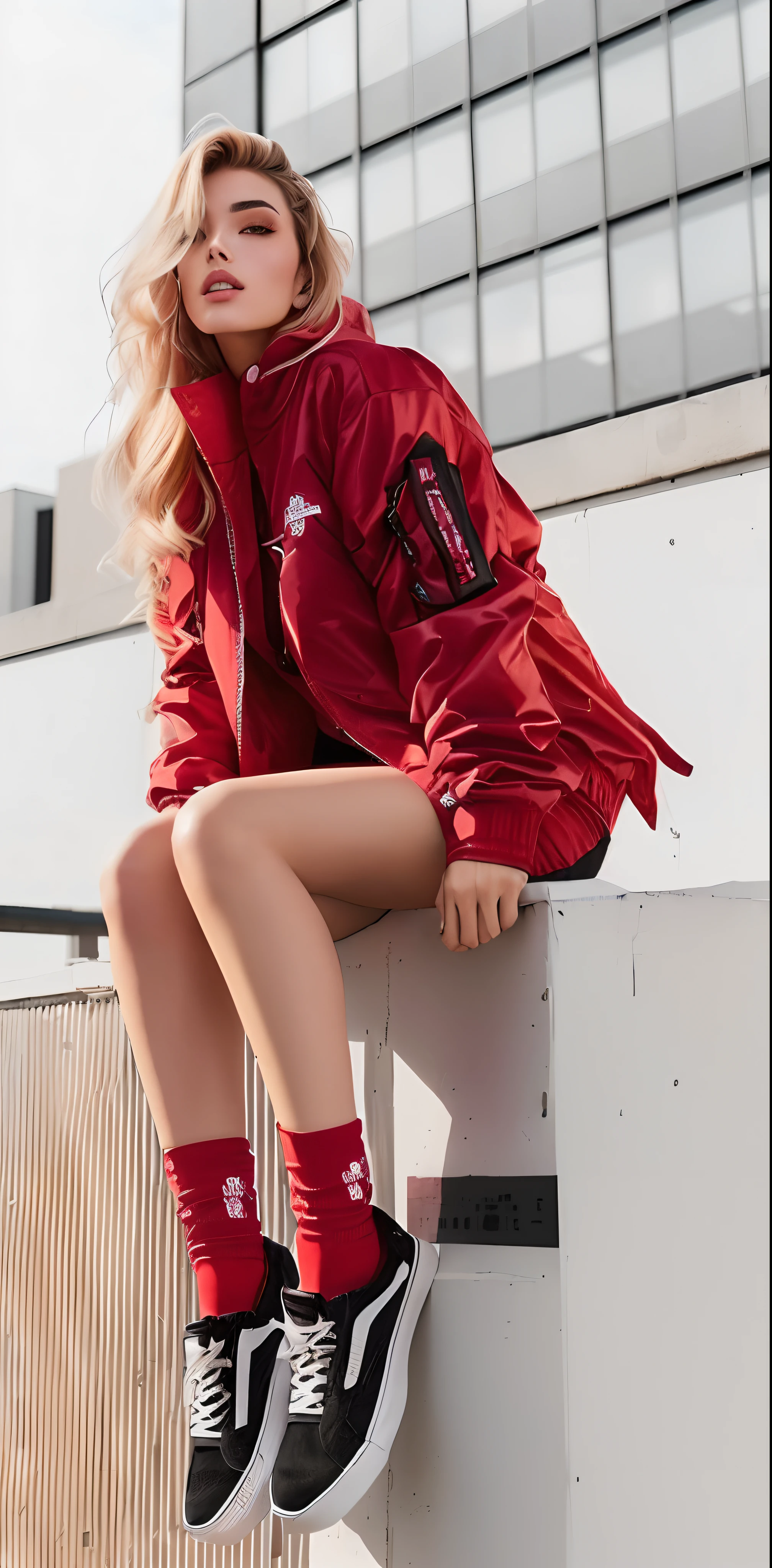 Beautiful woman in red jacket and black sneakers sitting in a white box, jaqueta vermelha, jaqueta vermelha legal, she is wearing streetwear, vestindo jaqueta vermelha, mulher no streetwear, roupas vermelhas, frio como gelo! 🧊, Akira vibra, vestindo roupas vermelhas, tudo vermelho, vestindo vermelho, japanese streetwear, moda streetwear, outlive streetwear collection, usando uma roupa vermelha