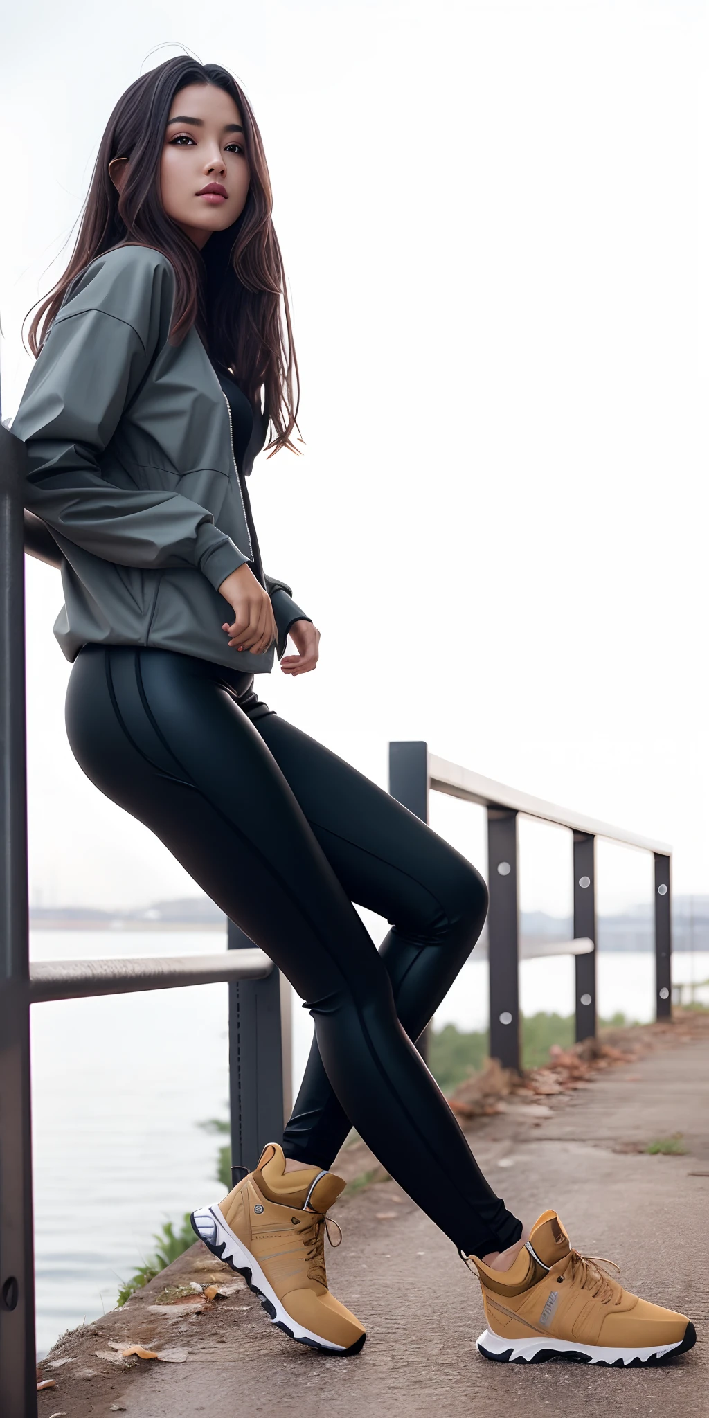 Beautiful woman leaning on a handrail, Fotografia de uma mulher techwear, with claça leggings, Jet Black Leggings, Leggings, legging pants, 2 mulheres techwear, Leggings Pretas, legging pants, legging preto extremamente apertado, vestindo roupas urbanas, Techwear Look e Roupas