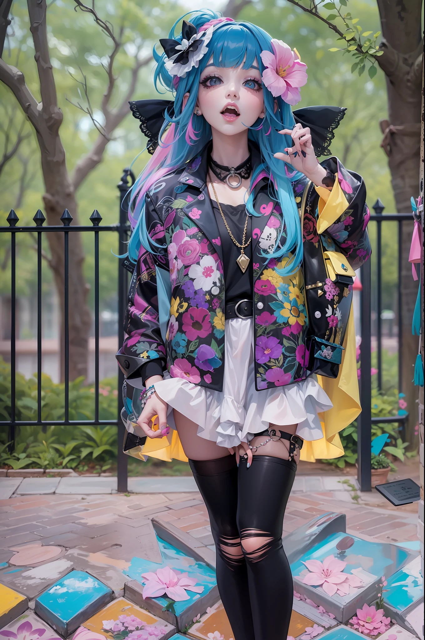 En un hermoso parque una mujer de aspecto moderno. It has a very colorful and striking kawaii gothic style.., con un maquillaje elegante y una peluca colorida.