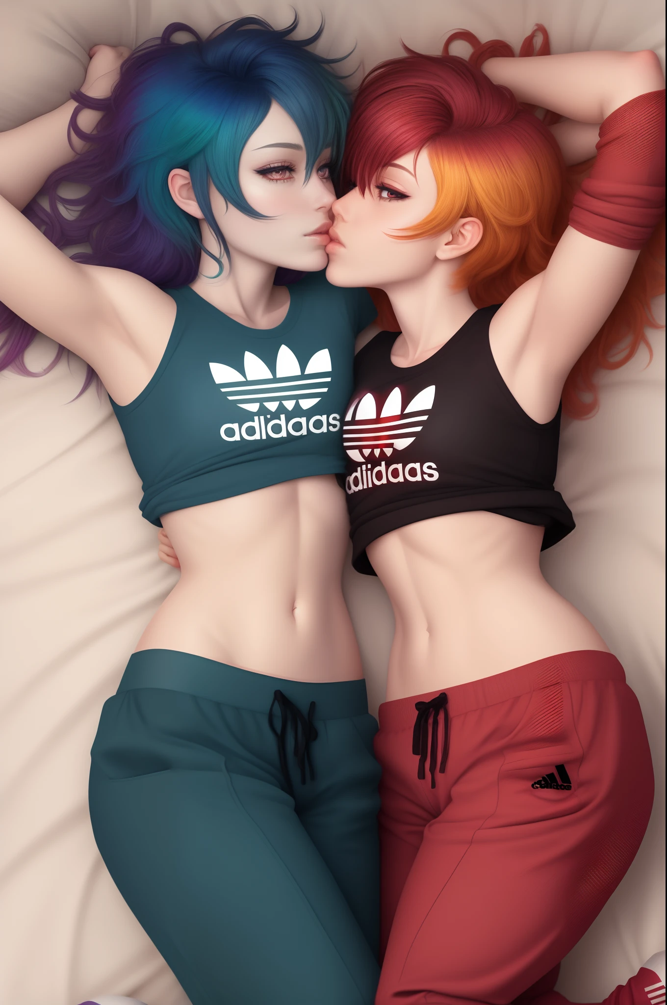 Two women lying in bed and kissing, wearing Adidas baggy pants, multicolored hair, multicolored eyes, extremely detailed, wide shot, Home, Perfect artwork, retina, accurate, anatomically correct, textured skin, full body, Kissing, Lesbian art , anime style