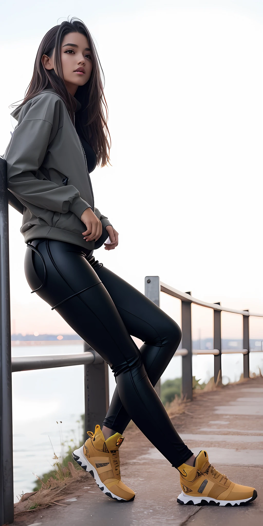 Beautiful woman leaning on a handrail, Fotografia de uma mulher techwear, with claça leggings, Jet Black Leggings, Leggings, legging pants, 2 mulheres techwear, Leggings Pretas, legging pants, legging preto extremamente apertado, vestindo roupas urbanas, Techwear Look e Roupas