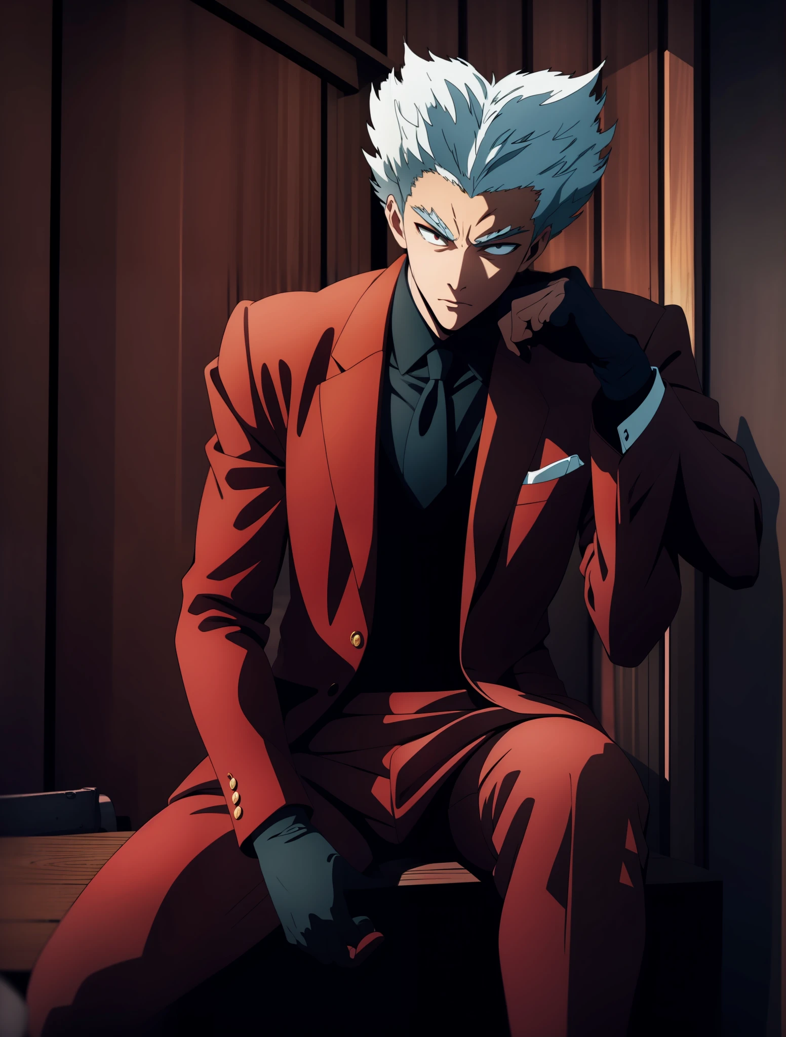 Boy, cool pose, elegan pose, red jazz clothes, realistic pose, white hair colors, looking forward, black gloves on hand, sit down pose, realistic, wearing a red tie, black eyeball colors