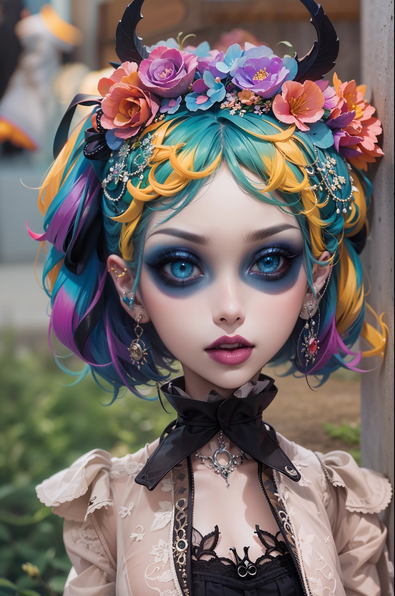 En un hermoso parque una mujer de aspecto moderno. It has a very colorful and striking kawaii gothic style.., con un maquillaje elegante y una peluca colorida.