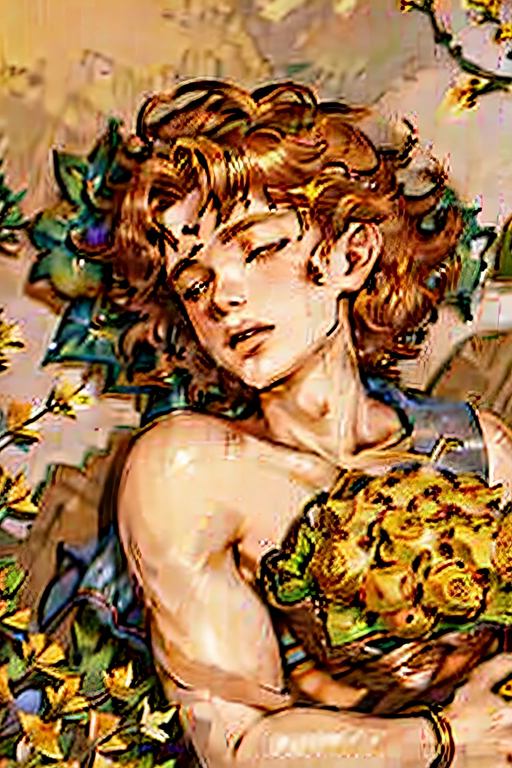 catboy, sleeping on hay, flowers, ginger curly hair, naked, fregels, flowers around body, pretty boy