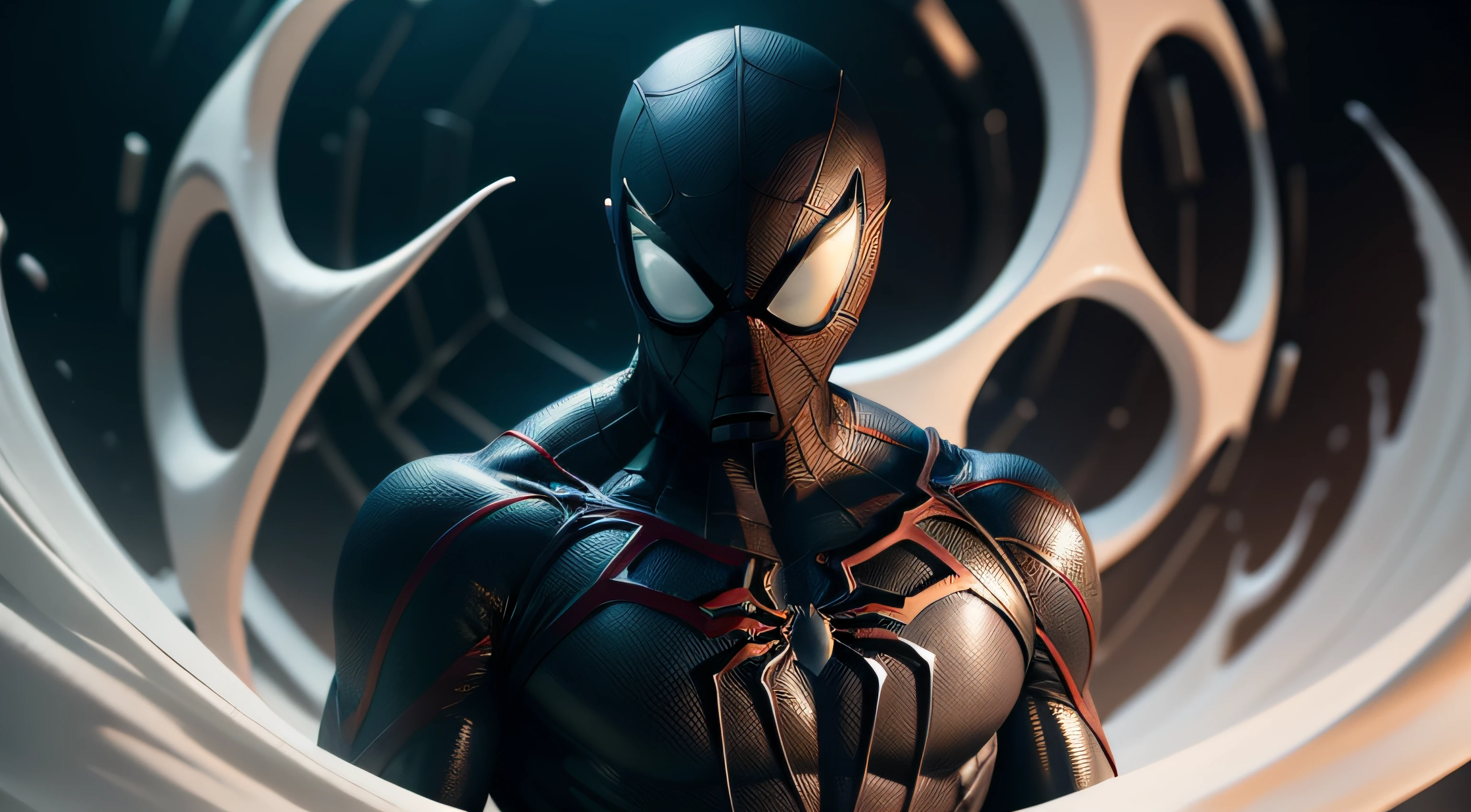 spider man in a black outfit with spider in the center of his chest in white, organic looking outfit, gooey forehead, symbiote, white eyes, fine art, ps5 cinematic screenshot,highly detailed detailed cinematic rendering, ultra photorealistic raytricing, with cinematic lighting