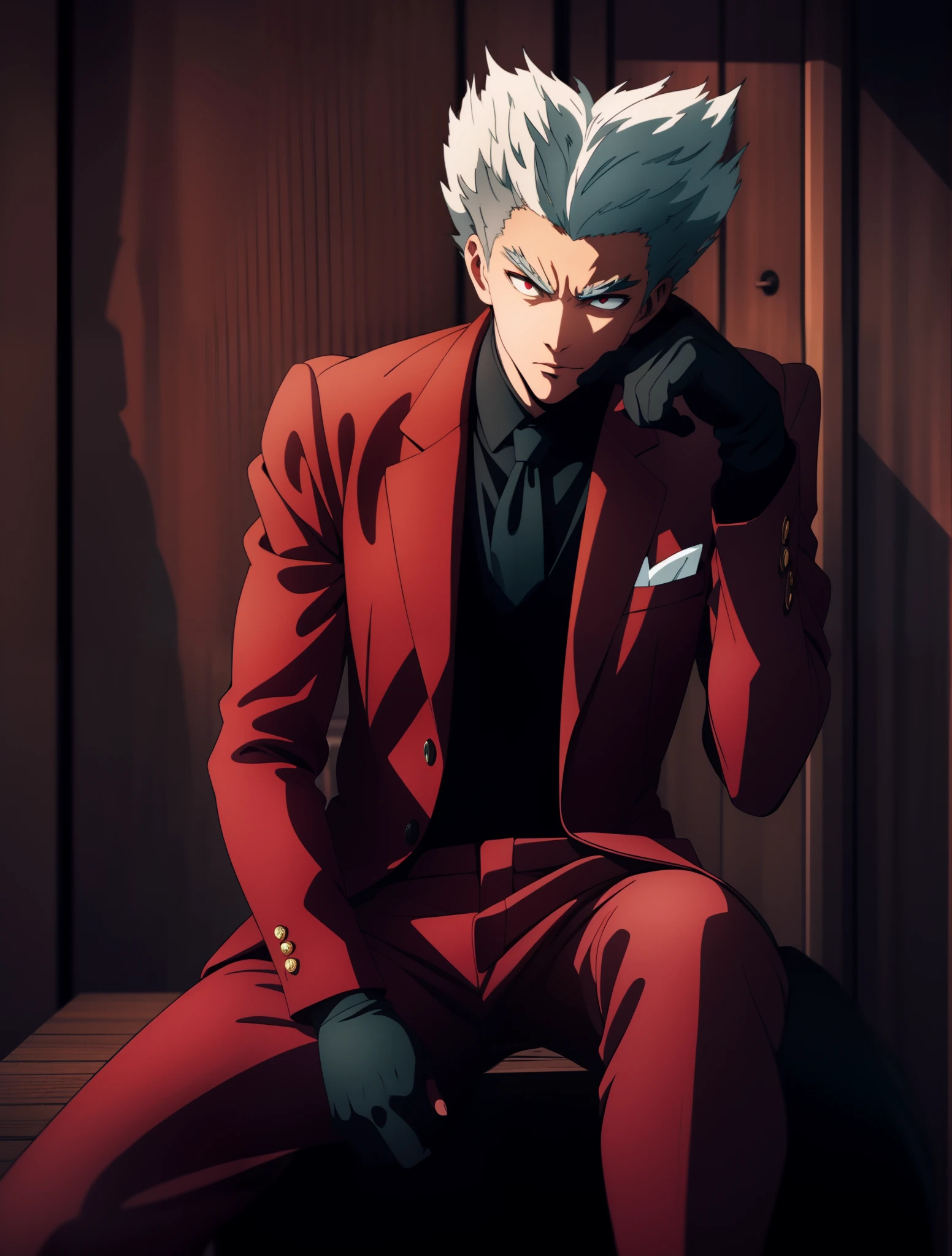 Boy, cool pose, elegan pose, red jazz clothes, realistic pose, white hair colors, looking forward, black gloves on hand, sit down pose, realistic, wearing a red tie, black eyeball colors