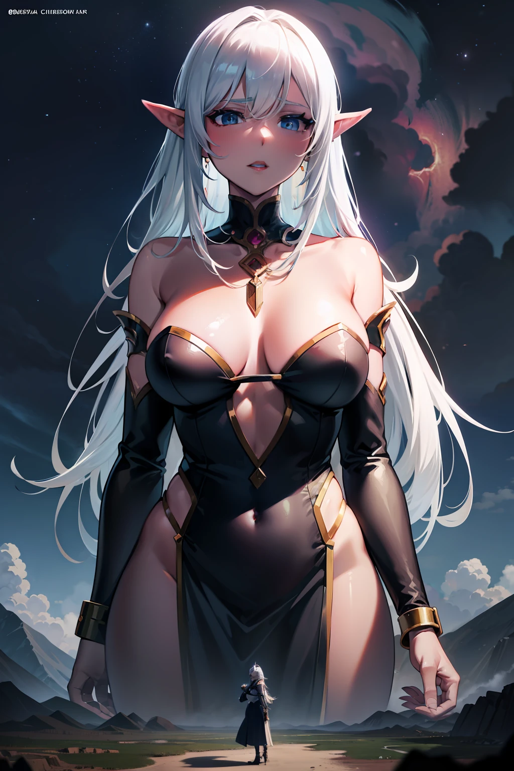 anime, a woman in a long dress standing on a cliff, anime epic artwork, white haired deity, claymore anime background, anime fantasy artwork, sky witch, white hair floating in air, 2. 5 d cgi anime fantasy artwork, ray of light through white hair, hd anime wallaper, hd anime wallpaper, beautiful fantasy anime, anime fantasy illustration,dark elf,Rampage,Looming,GTSSpace,best quality,masterpiece,dark skin,dark skinned female,drow,pointy ears,large boobs