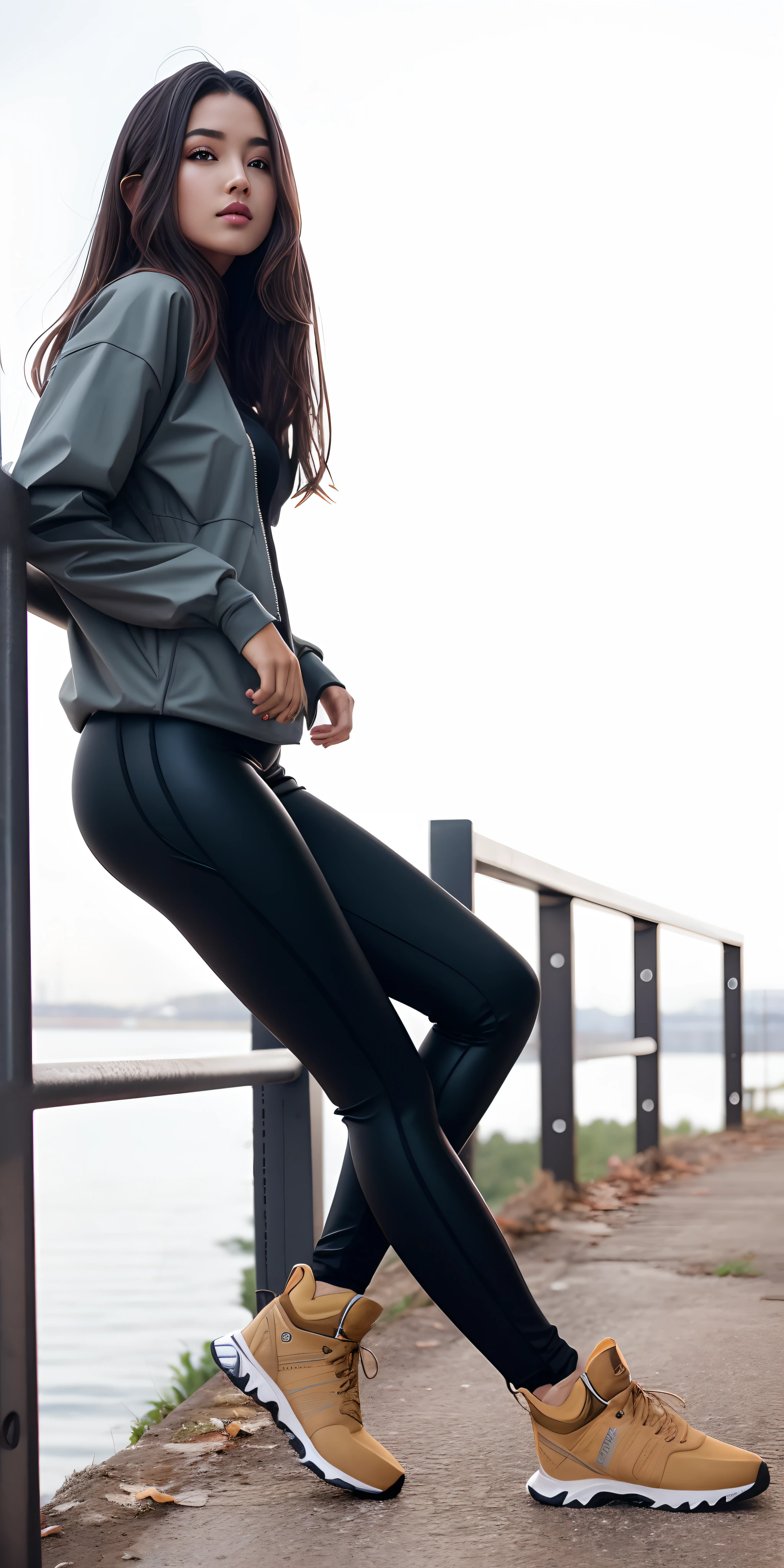 Beautiful woman leaning on a handrail, Fotografia de uma mulher techwear, with claça leggings, Jet Black Leggings, Leggings, legging pants, 2 mulheres techwear, Leggings Pretas, legging pants, legging preto extremamente apertado, vestindo roupas urbanas, Techwear Look e Roupas