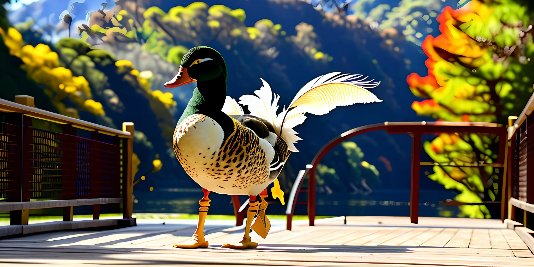 master duck of elegance is parading down the lake catwalk, with a hulking hollywood pompadour, proud look, he exudes confidence from feathers down to his little toes, while his other paws look on, 4k, Sony Alpha 1, 1:1, Beside