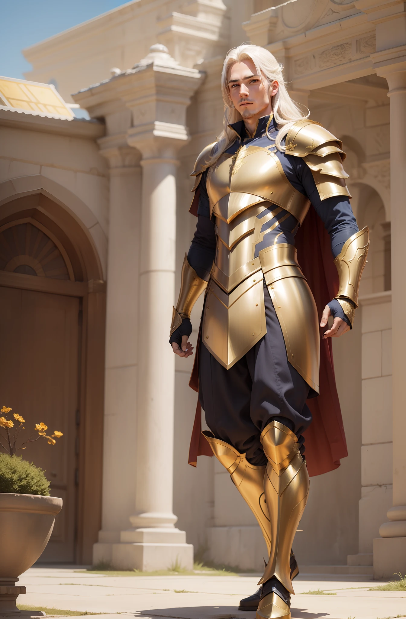 Man Fantasy Action Armor Golden Hair Full Body White Blue Rays Action Background Add Golden Armor Improve Add Hair White Archer