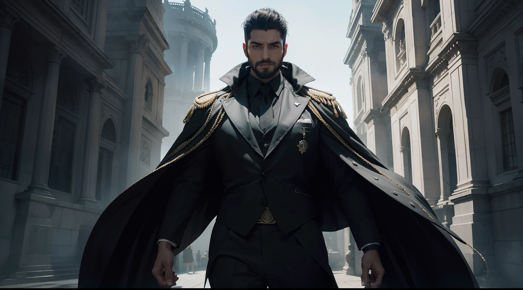 In front of his open-air palace, A place where shadows dance in harmony, ((A powerful figure is giving a press conference)). He is an imposing figure, with piercing eyes and an enigmatic smile.. Seus cabelos escuros, and he is dressed in a black suit adorned with ancient symbols. from him radiates a hypnotic power that seems to emanate from the depths of the abyss.