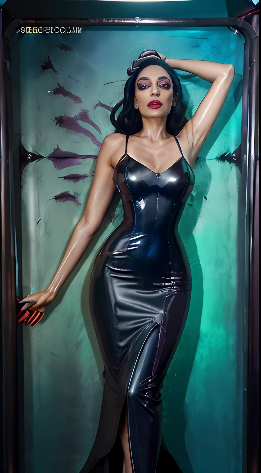High quality raw photo, excellent composition, Front View, Full Body, Head to Feet, Photoshoot, Bombshell, sobhitaD in Lipstick ,((Wearing Tight Slim Super Long Deep Black Shiny Metallic Vampire Latex Mermaid Long Gown ))(cinematic lighting, cinematic colors, masterpiece, high detailed, best quality, photorealistic, ultra realistic, 8k hdr:1.
