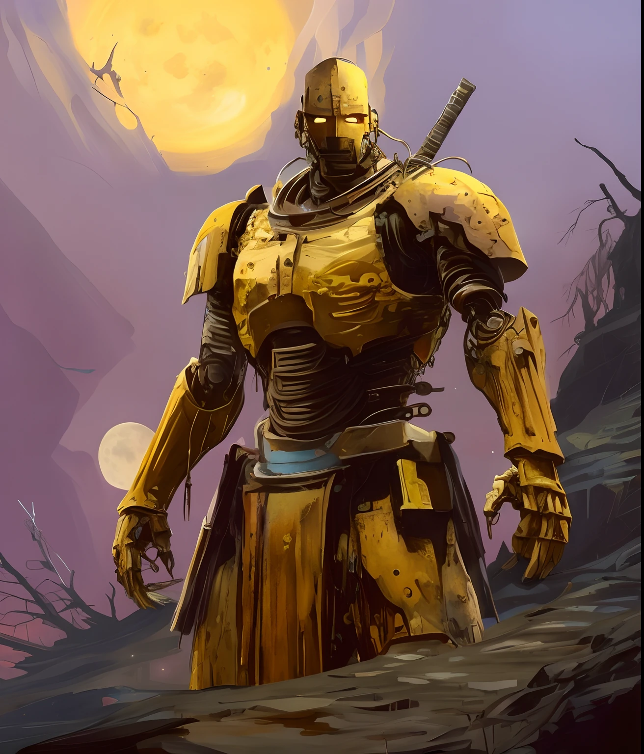 arafed image of a man in armor standing in a desert, blue sky and moon, yellow human-sized warforged, craig mullins nekro, gold heavy armor. dramatic, warrior in sci-fi armour, by Craig Mullins, portrait of ninja slayer, craig mullins style, artstation masterpiece, craig mullins greg rutkowski, craig mullins dark key, stefan koidl inspired