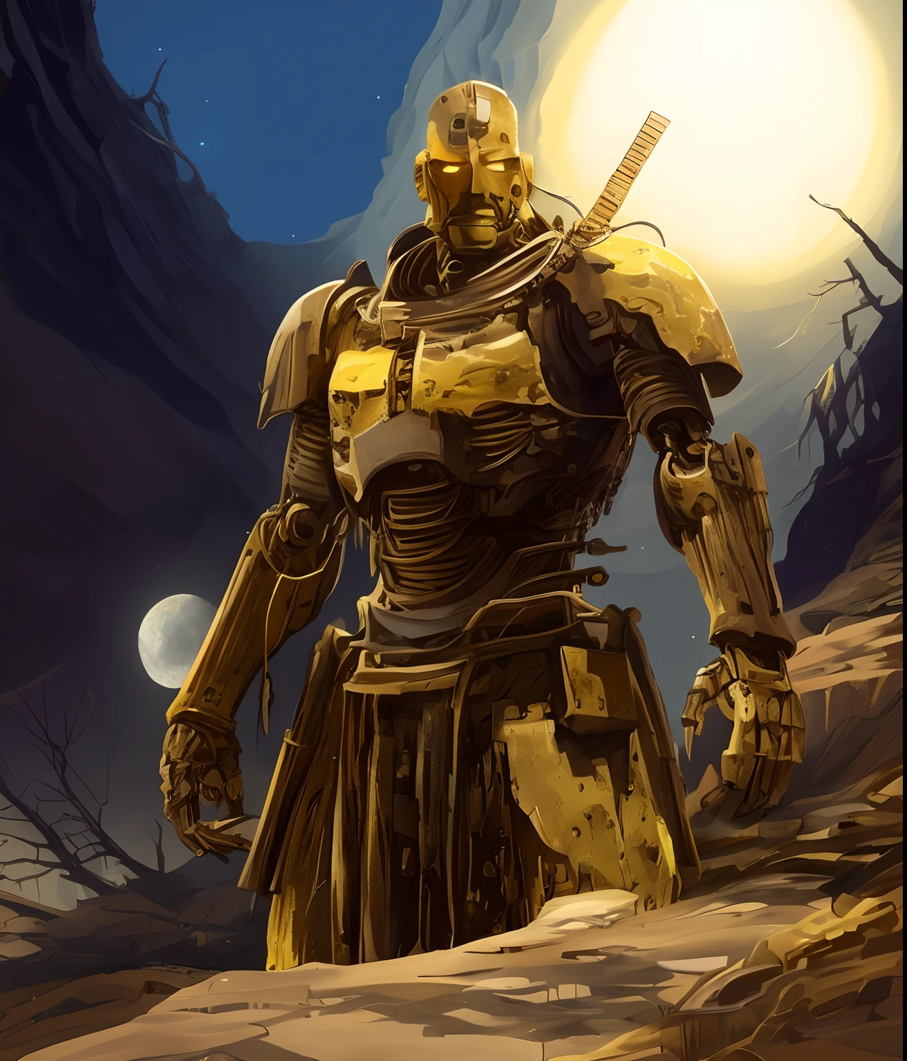 arafed image of a man in armor standing in a desert, blue sky and moon, yellow human-sized warforged, craig mullins nekro, gold heavy armor. dramatic, warrior in sci-fi armour, by Craig Mullins, portrait of ninja slayer, craig mullins style, artstation masterpiece, craig mullins greg rutkowski, craig mullins dark key, stefan koidl inspired