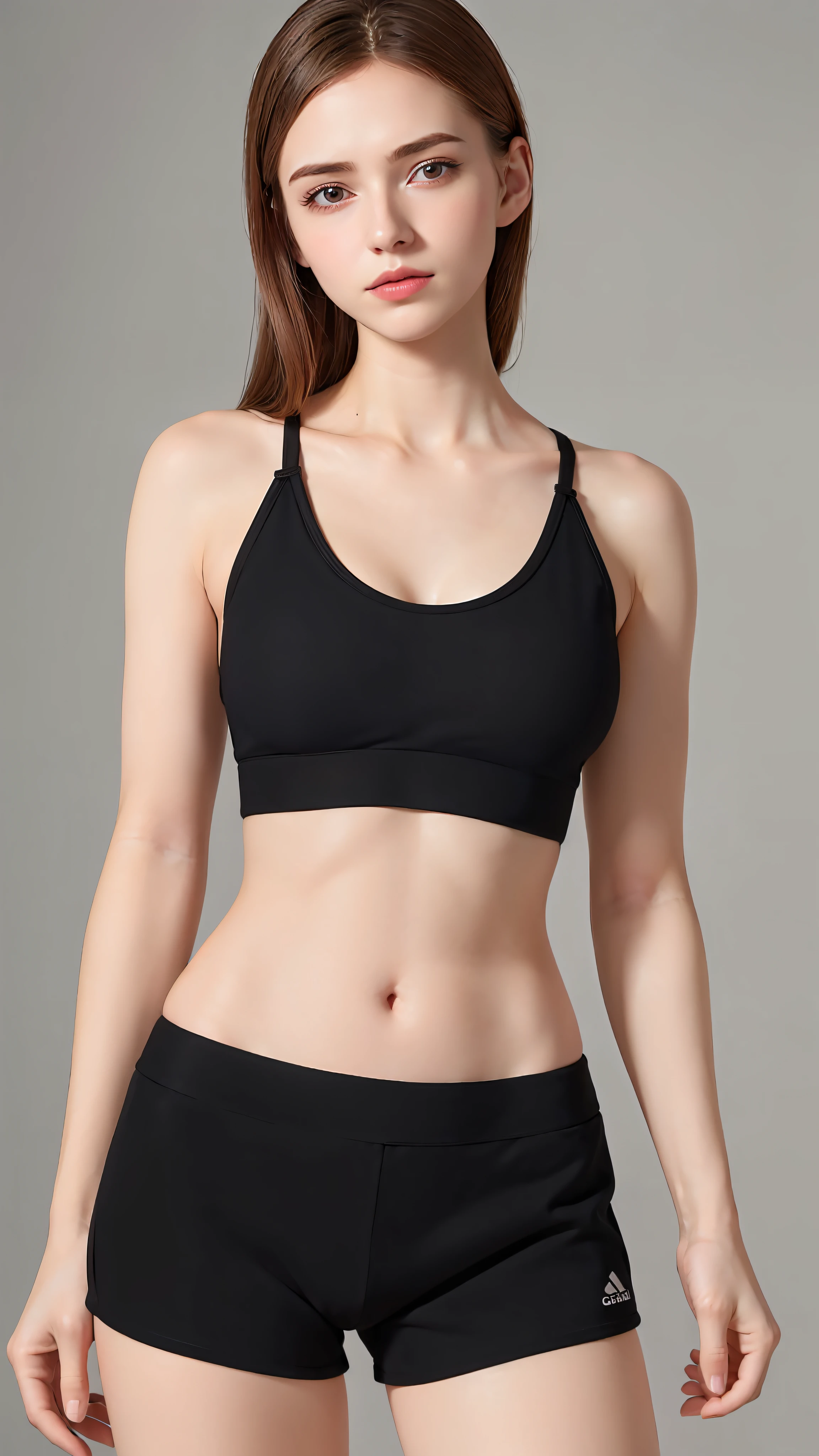 A gorgeous woman in a black sports bra top and blue tennis shorts, Esporte bom, brassier, sports bra, sport bra and shorts, detailed sports bra, sport bra and shirt, sport bra and dark blue shorts, bra black, Titular Top, topo de cabresto preto, roupas esportivas, Titular Top, tight push up bra, forma tonificada, roupas esportivas, parte superior do corpo, halter neck