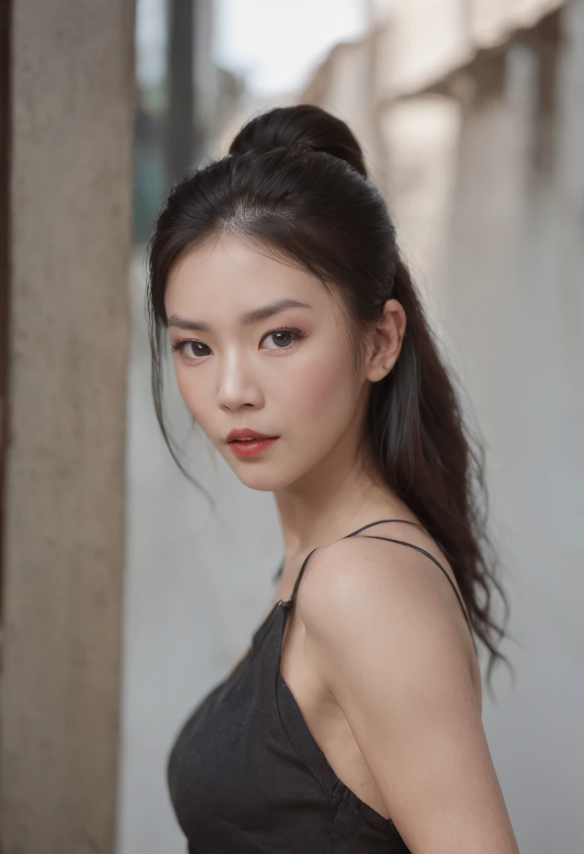 Portrait of a beautiful Asian woman, of 20 years. Pale skin, pelo liso negro largo, ojos orientales, ropa ((red croptop )), de pie en una plaza ((tiendas al fondo, fuente al lado)), realista, obra maestra, alta calidad, brillo, sombra, hermosa, por Jeremy Lipking, por Antonio J. Manzanedo, pintura digital, Asian, 8k uhd, ((staring at the camera)),