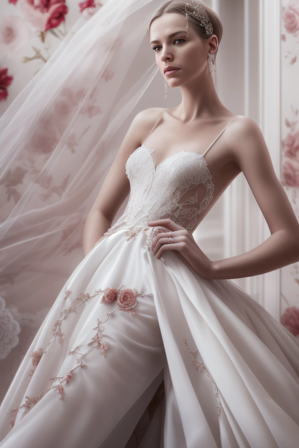 (photorealistic:1.4), (extremely delicate), (ultra realistic:1.3), (award-winning photography), (modelshoot style), hyperrealistic photography, extremely detailed CG unity 8k wallpaper, HDR, RAW photo, dslr, extremely detailed magazine cover-style realistic digital painting, (magazine cover-style illustration), hd, 8k, (intricate details, hyperdetailed:1.15) (skin texture:1.2), (RAW photo), masterpiece, highest quality, 8k wallpapers, (photo realism: 1.4), (high resolution), super detailed, (realism: 1.2), (best quality: 1.3), A chilling macabre haute couture masterpiece created from blood-red textiles, featuring an avant-garde design with asymmetrical lines that evoke a sense of unease. The gown is displayed in a stark and clinical gallery space, surrounded by sterile white walls and harsh fluorescent lighting. The juxtaposition of the ethereal gown against the clinical environment creates a stark contrast, evoking feelings of discomfort and curiosity. The scene is captured in a minimalist photograph that focuses on the gown's intricate details, using a prime lens (50mm) to achieve sharpness and clarity,