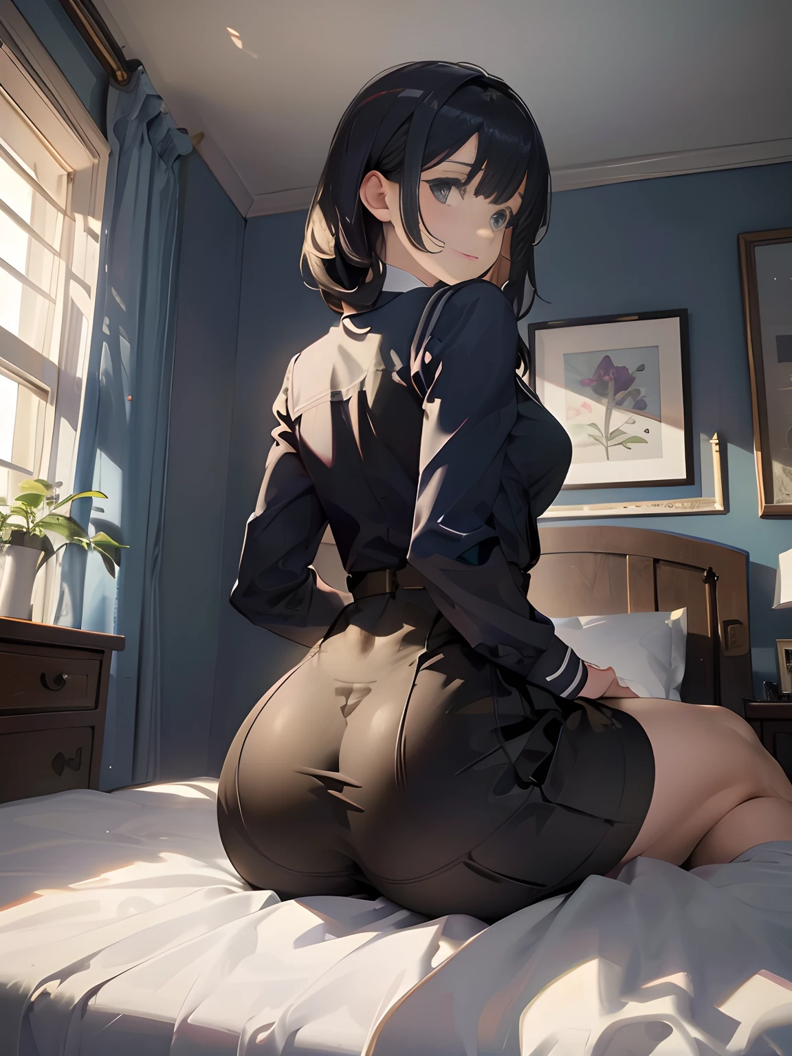 ((masterpiece，Best quality))，Beautiful quality，looking at viewert，Detailed lighting，Extremely detailed skin，Extremely detailed hair，Extremely detailed，shadowing，8K：1.2）schoolgirl:1.1, tight clothes, (extremely detailed eyes), soft smile, close ass, pov behind her, facing back, sitting on bed, ((schoolgirl uniform)), fixed anatomy, perfec shading, perfect light,
