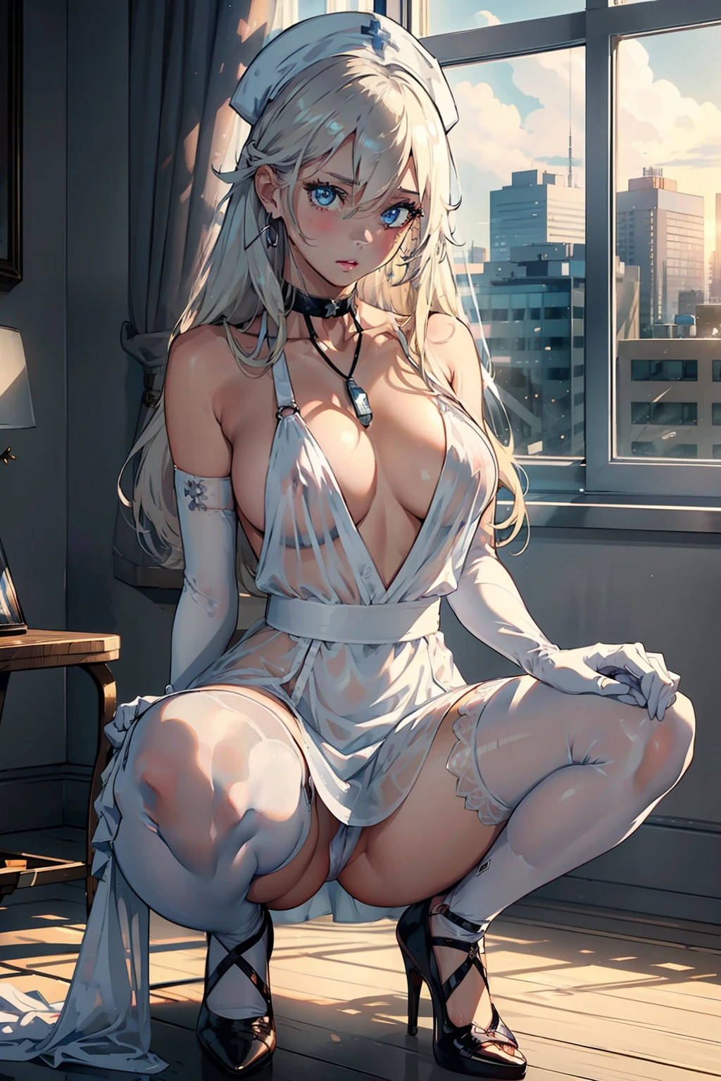 1girl, (solo:1.2), (cowboy shot:1.2), (Beautiful and detailed eyes description), (Beautiful and detailed face), Perfect female body, neat figure, slender waist, (young girl), (20 years old), long hair, platinum blonde hair, very big eyes, blue eyes, medium breasts, blush, shy, watery lips, nurse, (transparent nurse dress), nurse cap, unbuttoned, (white gloves:1.2), (white pantyhose), high heels, necklace, earrings, indoors, school nurse, hospital bed, window, white curtains, sunlight, squatting, (best quality), (ultra detailed), (masterpiece), (highres), (original), (extremely detailed CG unity 8K wallpaper), character design, game cg, detailed manga illustration,(NSFW 1.1)