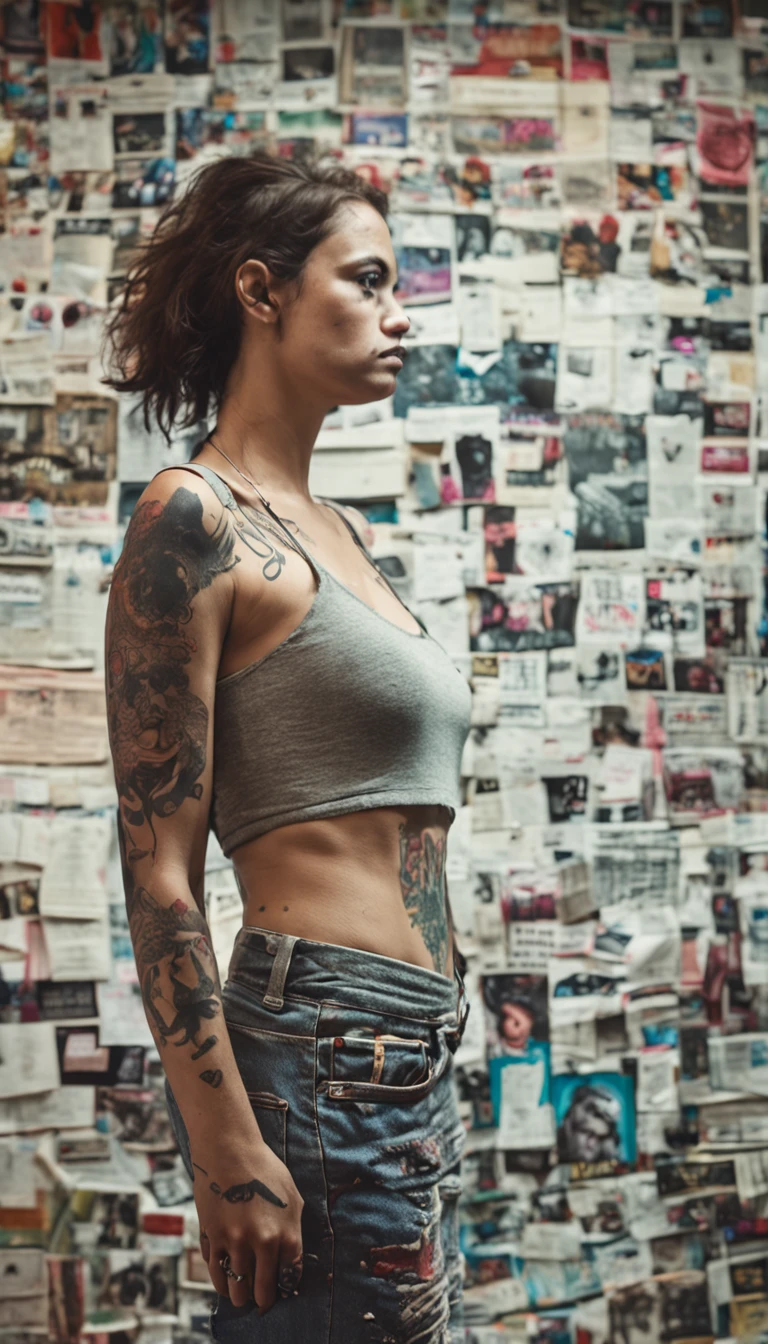 Auto retrato de corpo inteiro, de uma jovem mulher, de 29 anos, (((vestindo roupas curtas ((corpo tatuado))), (inspirado em garotas Suicide Girls:1.3), ((em um quarto, with several posters pasted on the wall)), Autorretrato realista, 8k UHD, DSLR, grain of film, (fotorrealista:1.5)