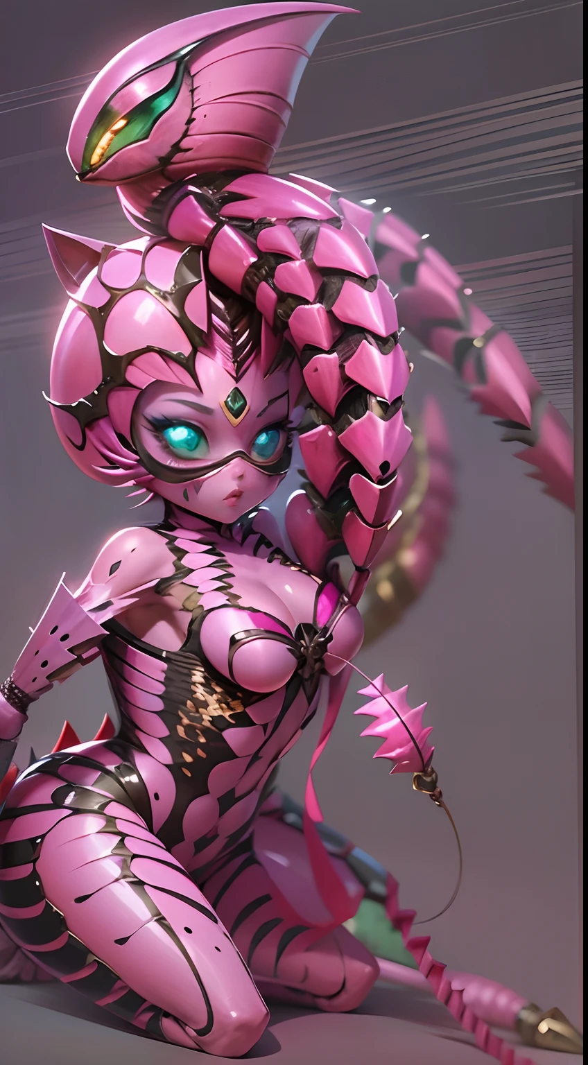 Foto dos desenhos animados de uma mulher em um traje rosa magenta、Mulher humanoide lula quente、Uma pessoa々Comida、estilo guyver、sfw version、Scarabeleploid、tail、Cel Shade Adult Animation、Alien Queen、