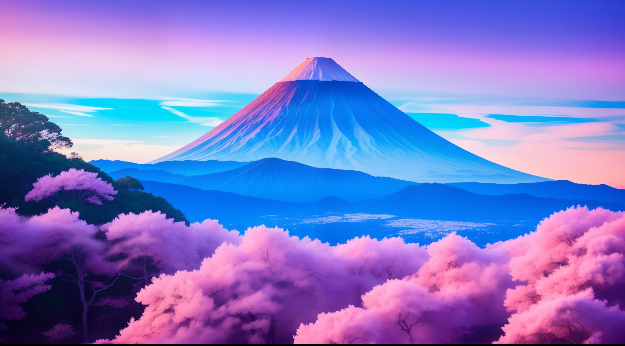 "Imagine an anime-inspired masterpiece that captures the essence of serene fantasy. Imagine a dormant volcano, its imposing presence softened by a soft layer of snow. The sky above is a screen of mesmerizing shades of pink and lavender, casting an otherworldly glow on the landscape. The slopes of the volcano are adorned with intricate snow patterns, each outline highlighted by the pastel tones of the sky. Delicadas flores de cerejeira flutuam pelo ar, adding a touch of ethereal magic to the scene. Neste mundo cativante, The volcano stands as a sentinel of tranquility, a fusion of the force of nature and the delicate beauty of anime aesthetics, inviting viewers into a realm of wonder and imagination."